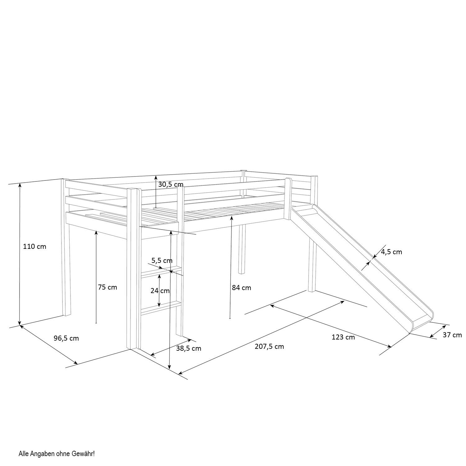 Loft Bed Kids 90x200 cm White with Curtain in Pink | Slide | without Slatted Frame