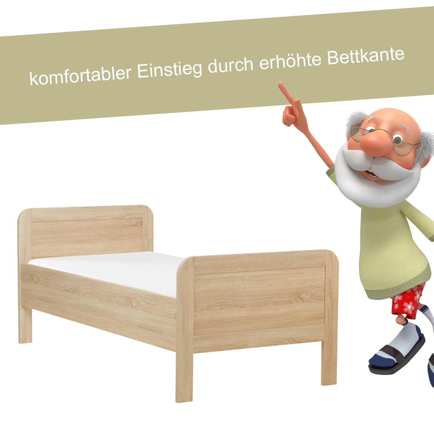 Komfortbett 90x200 cm Natur | Seniorenbett höhenverstellbar | Einzelbett | Holz | ohne Lattenrost