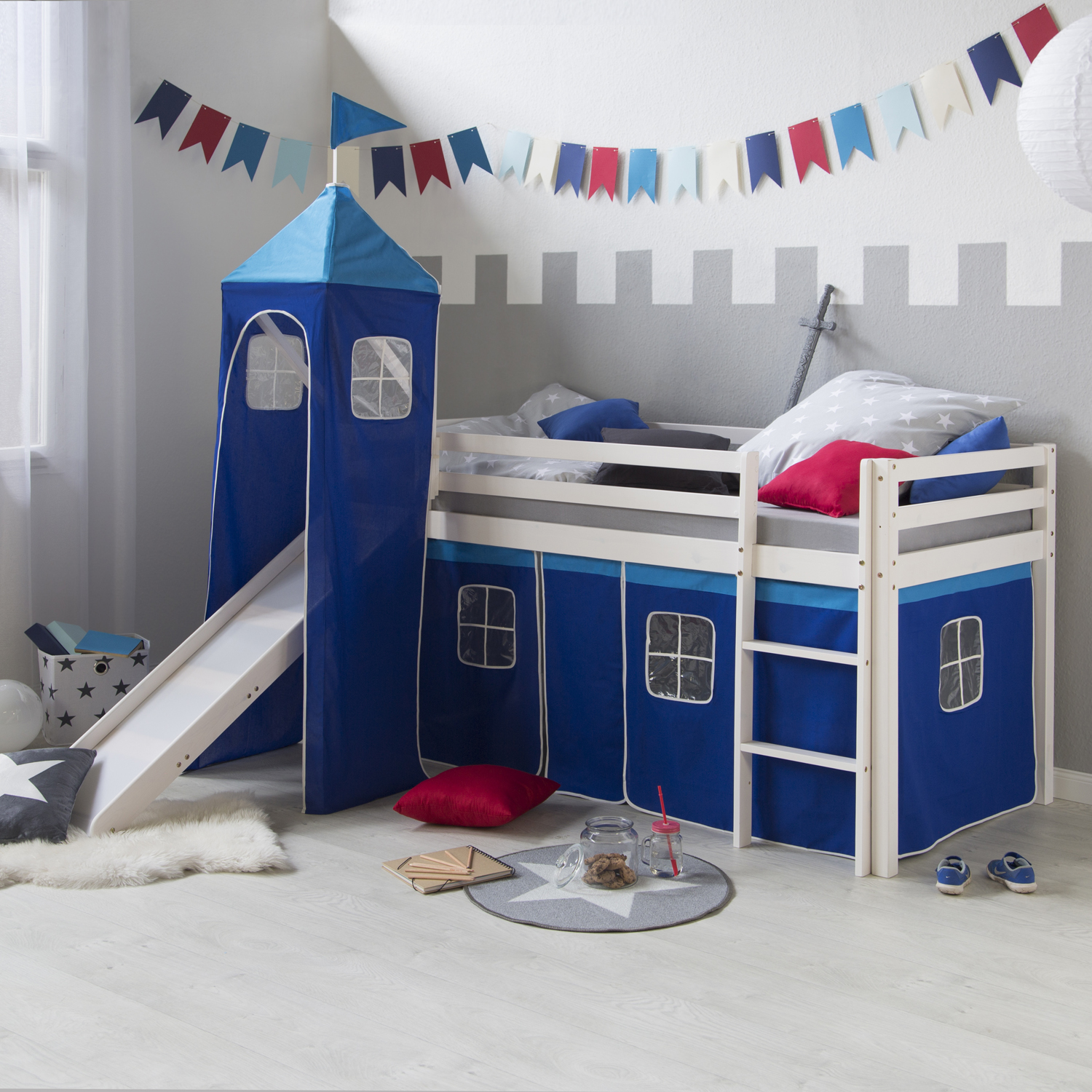 Loft Bed Kids 90x200 cm White with Curtain in Blue | Tower | Slide | without Slatted Frame Loftbed 90x200 cm with Tower Slide Mattress Bunk bed Childrens bed Solid Pine Wood Slats Curtain Blue