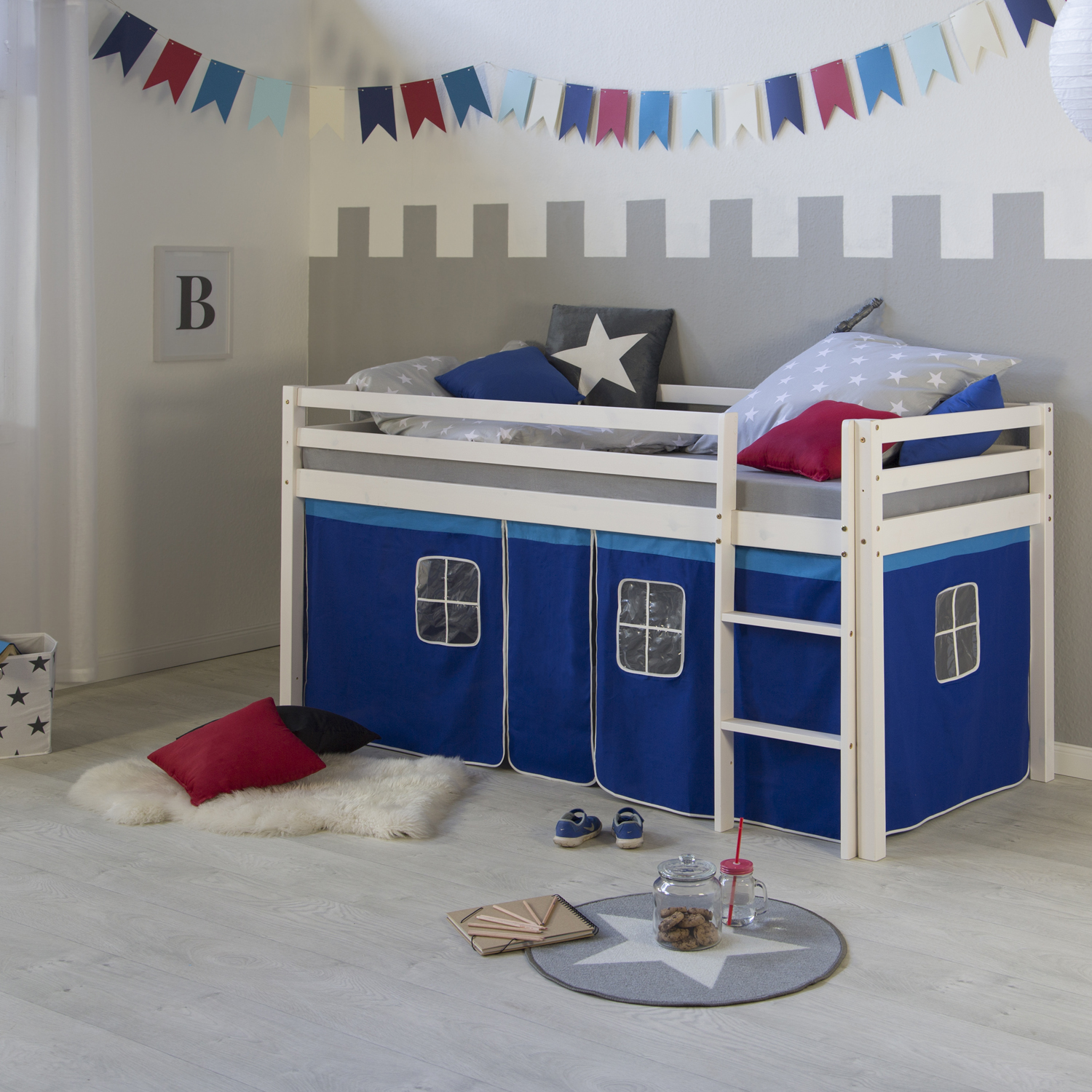 Loft Bed Kids 90x200 cm White with Curtain Blue | without Slatted Frame Loftbed 90x200 cm Bunk bed Childrens bed Solid Pine Wood Tower Tunnel Curtain Blue Slide Mattress Slats