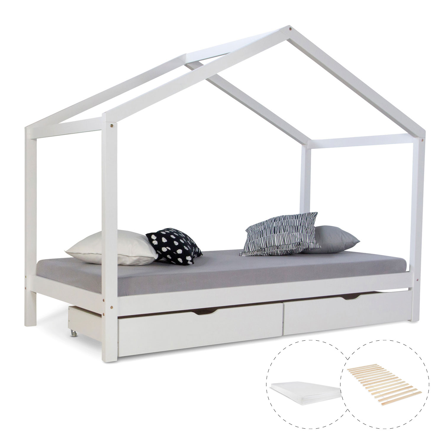 Children's Bed with mattress 90x200 House Bed Kids Bed Wooden Bed White Cot Drawer