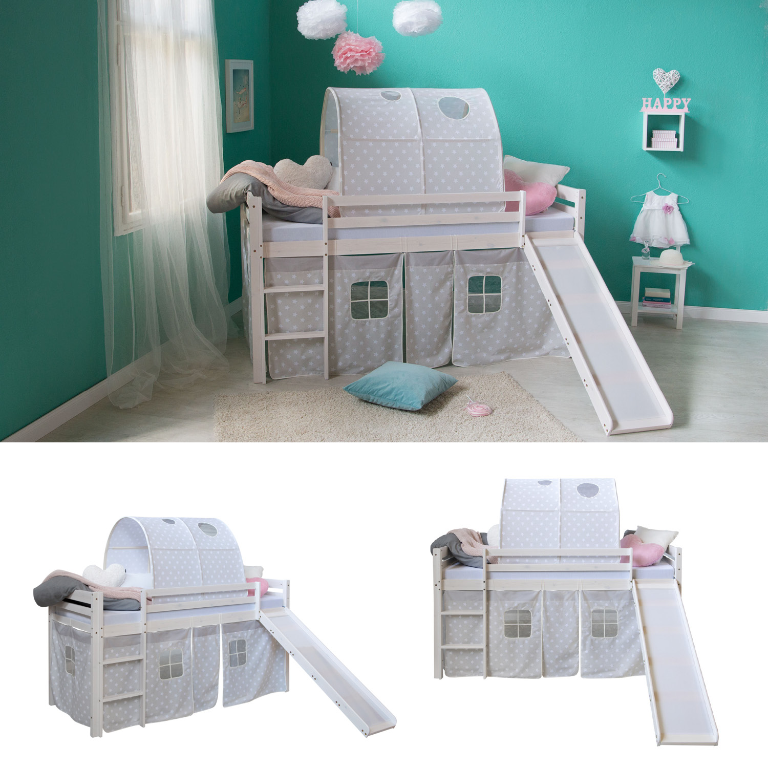 Loft Bed Kids 90x200 cm White with Curtain Stars | Tunnel | Slide | without Slatted Frame