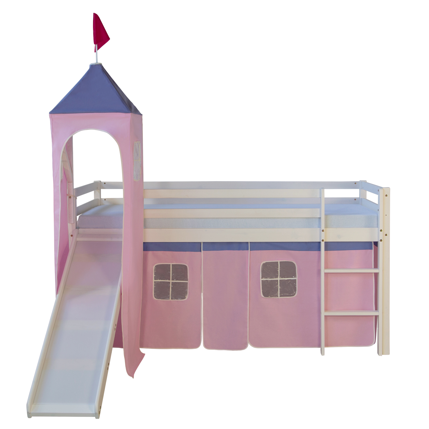 Loft Bed Kids 90x200 cm White with Curtain in Pink | Tower | Slide | with Slatted Frame