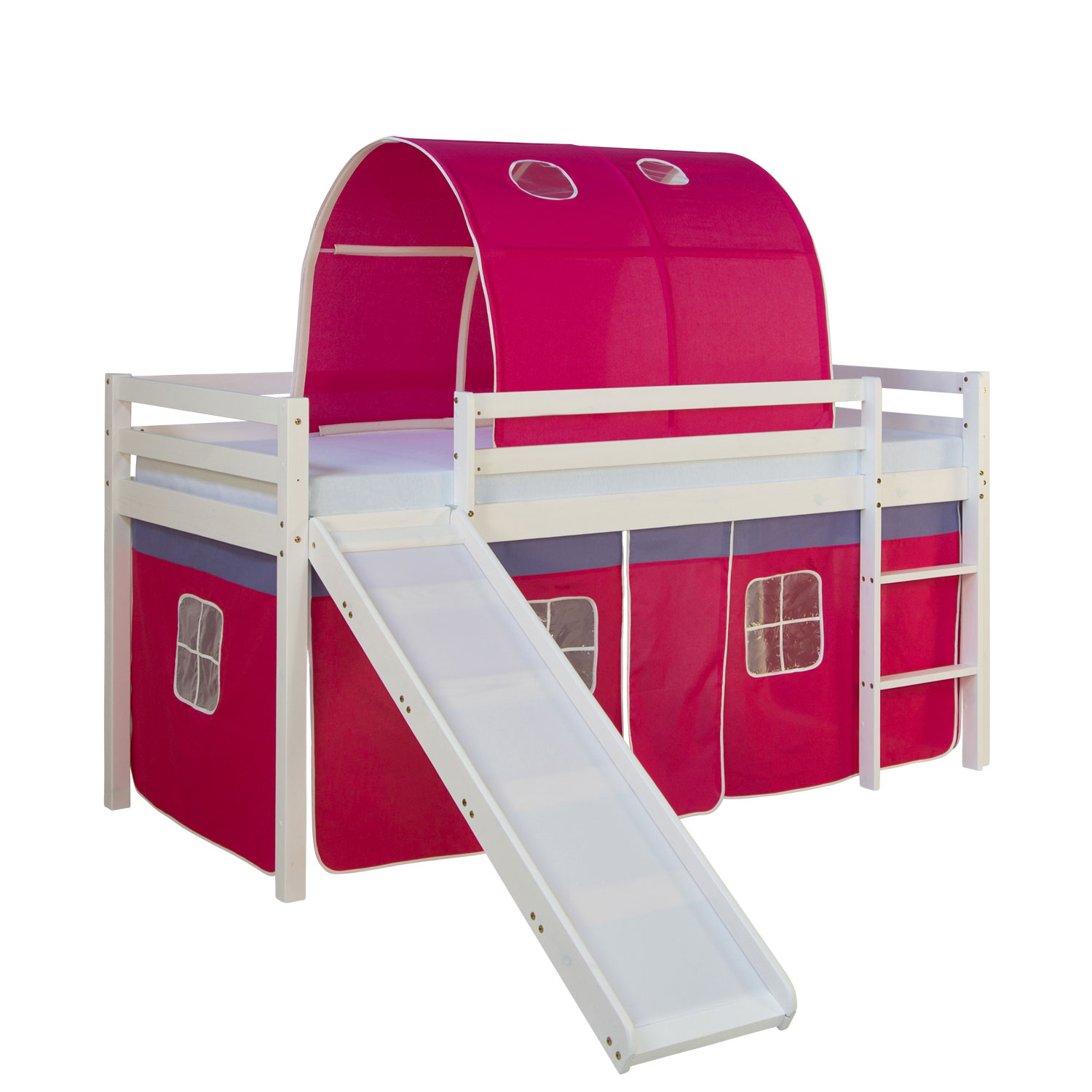 Loft Bed Kids 90x200 cm White with Curtain in Pink | Tunnel | Slide | with Slatted Frame Loftbed with Mattress 90x200 cm Slide Bunk bed Childrens bed Solid Pine Wood Curtain Tunnel Pink Slatts