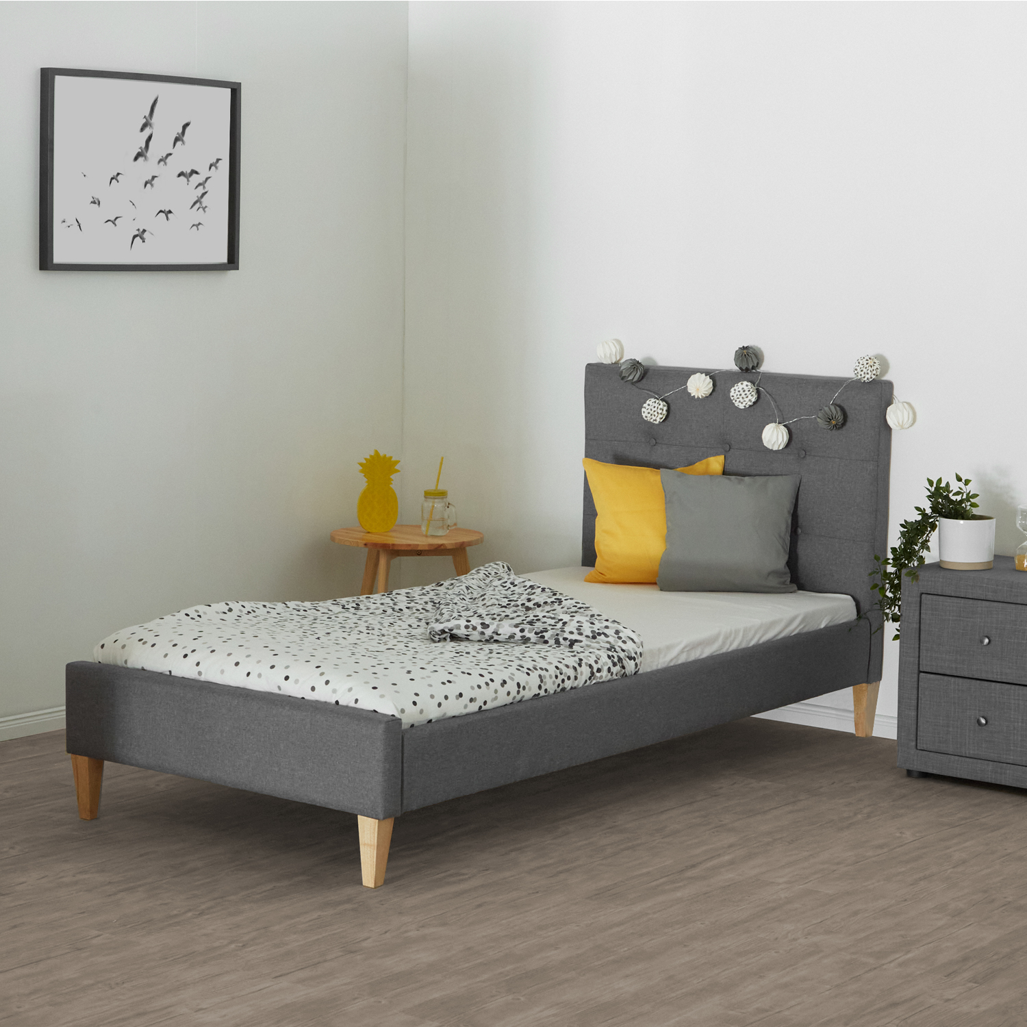 Upholstered Bed Frame Single Bed 90x200 Grey Platform Bed Fabric Headboard