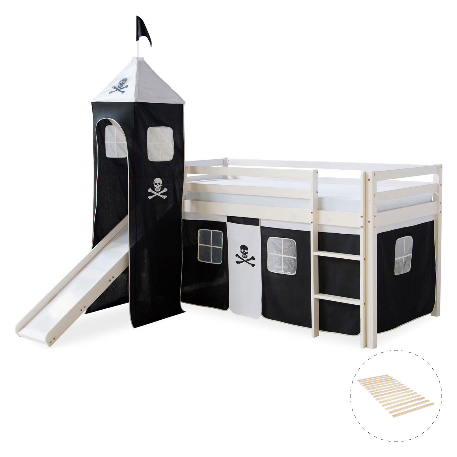 Loft Bed Kids 90x200 cm White with Curtain in Black | Tower | Slide | with Slatted Frame