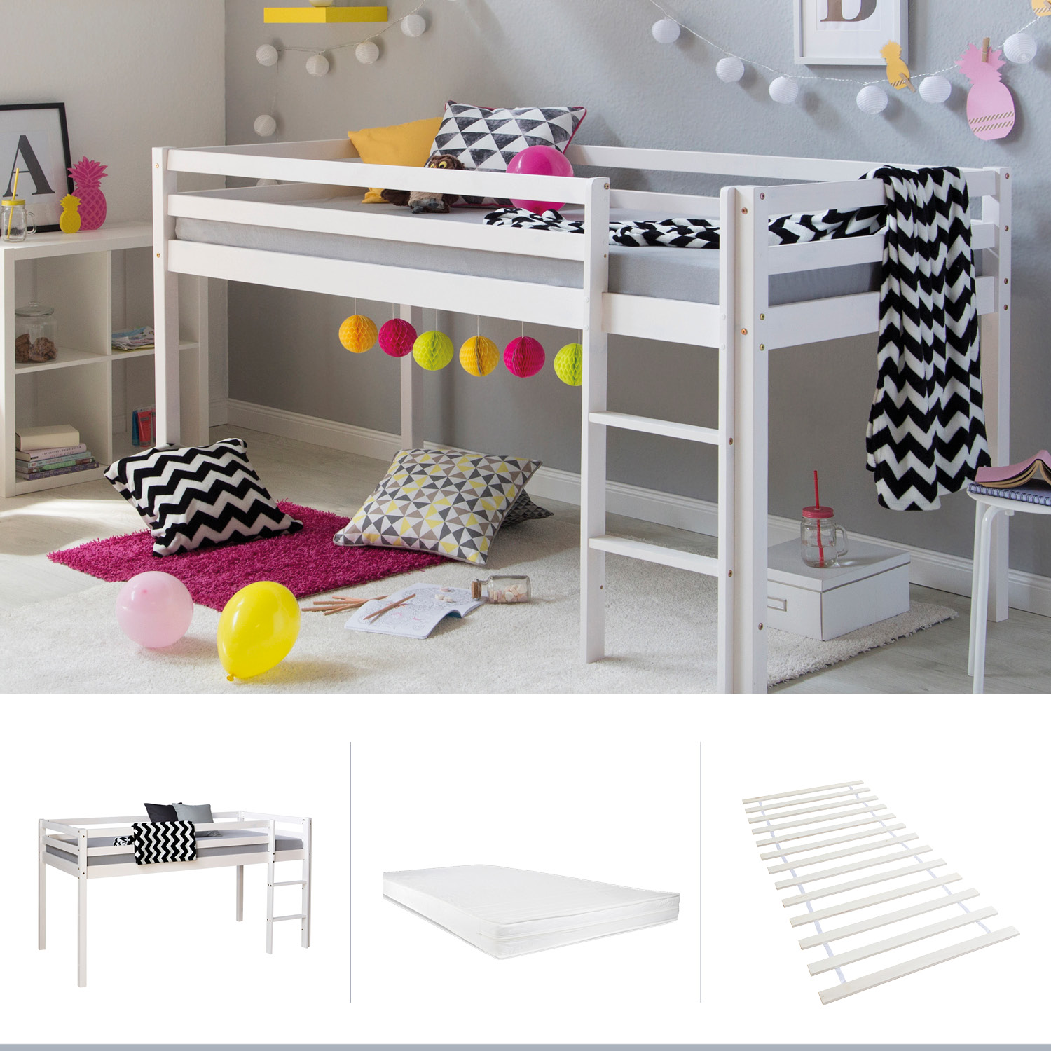 Loft Bed with Mattress Slatted Frame 90x200 cm Children's Bed Bunk Bed White