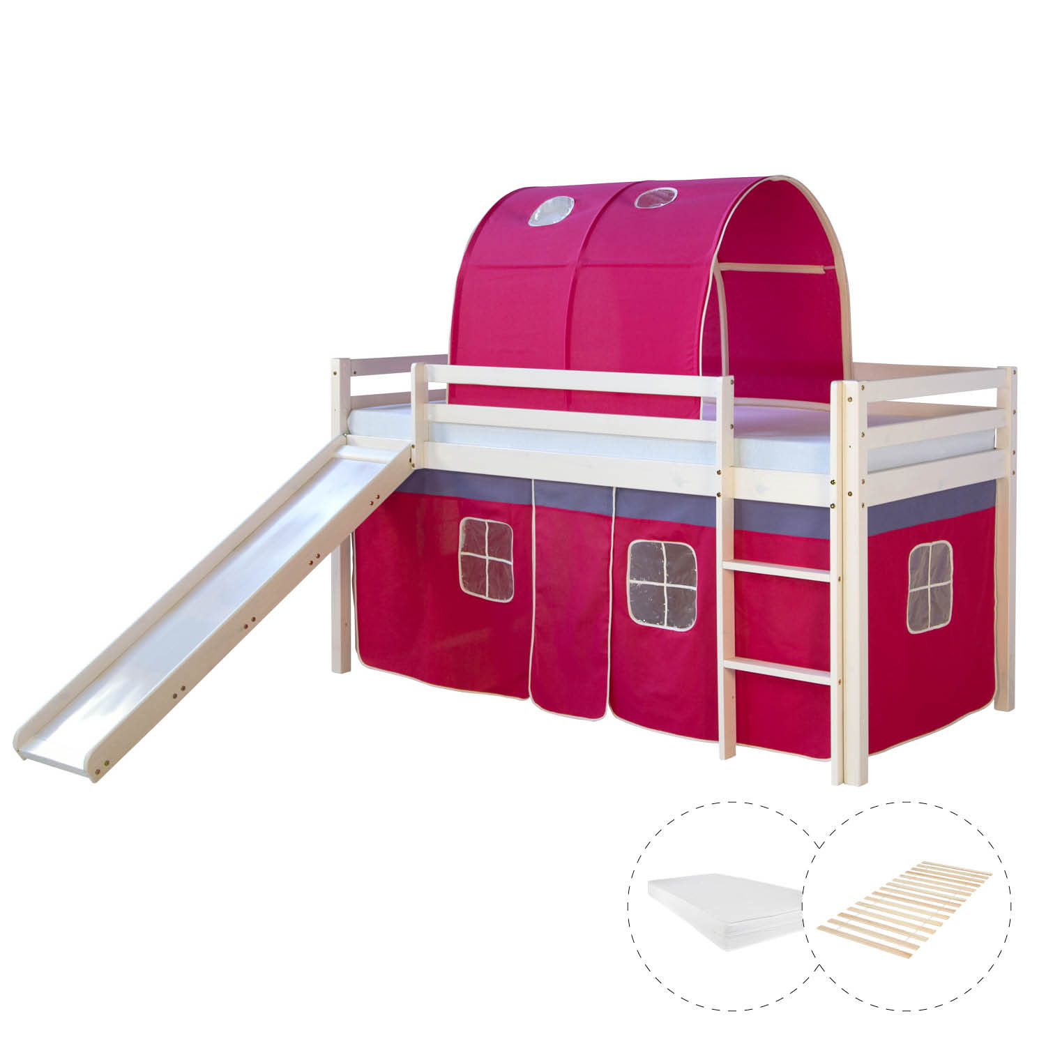 Loftbed with Mattress 90x200 cm Slide Bunk bed Childrens bed Solid Pine Wood Curtain Tunnel Pink Slatts Loftbed with Mattress 90x200 cm Slide Bunk bed Childrens bed Solid Pine Wood Curtain Tunnel Pink Slatts