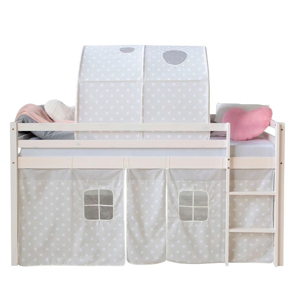 Loft Bed Kids 90x200 cm White with Curtain Stars | Tunnel | without Slatted Frame Loft Bed Kids 90x200 cm White with Curtain Stars | Tunnel | without Slatted Frame