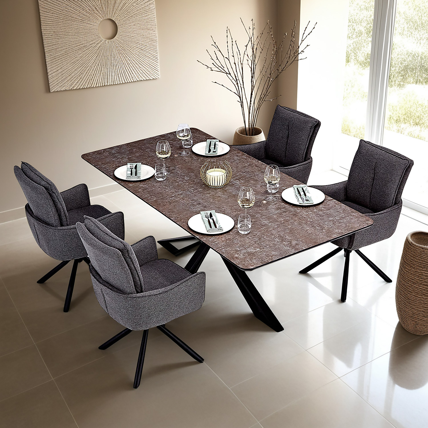 Modern Dining Table 200x100 cm Brown Black with 4 Dark Grey Fabric Chairs Dining Room Table 8 Seater Industrial Look