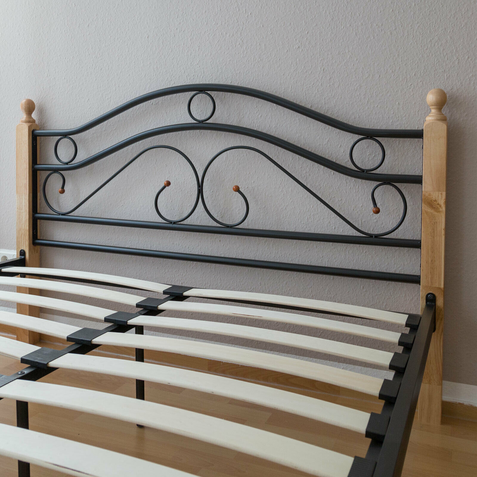 Metal Bed Iron Bed Double 180 x 200 Wood Slatted black natural bed frame 803