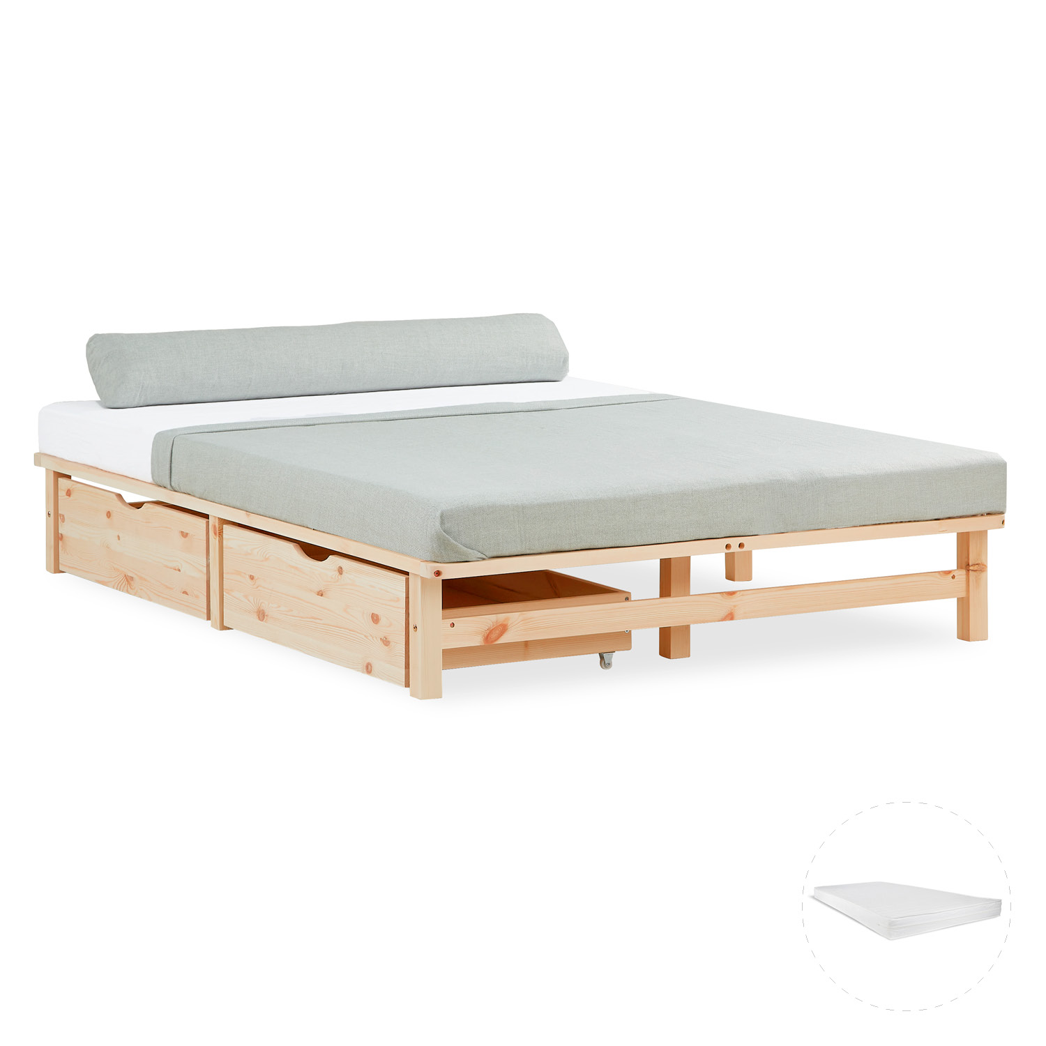 Pallet Bed 140x200 cm Natural | Double Bed with Storage Drawers | with Mattress | Wood | Kids Youth Guest Bedroom