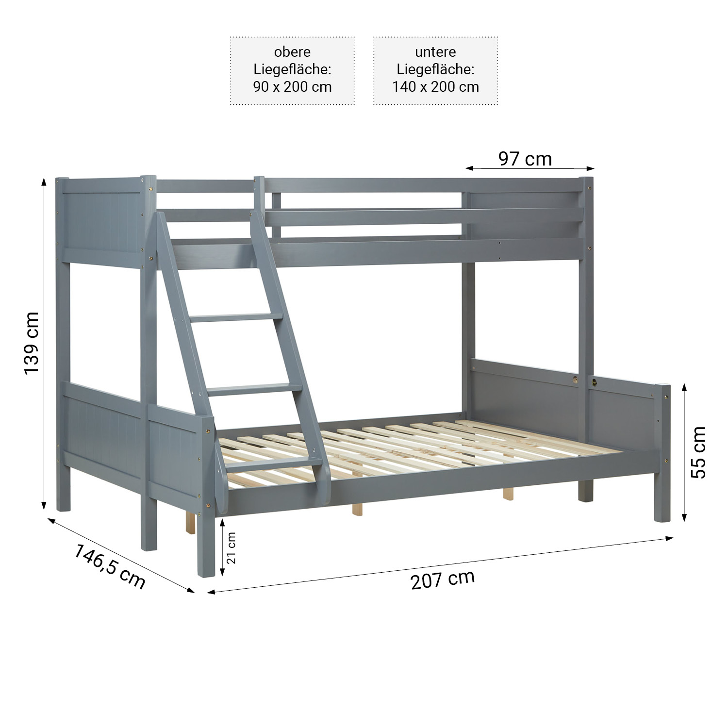 Bunk Bed with 2 Mattresses 90x200 and 140x200 cm Kids Bed Grey Wood Cabin Bed High Sleeper Bed Loft Bed Childrens Bed Twin Bed