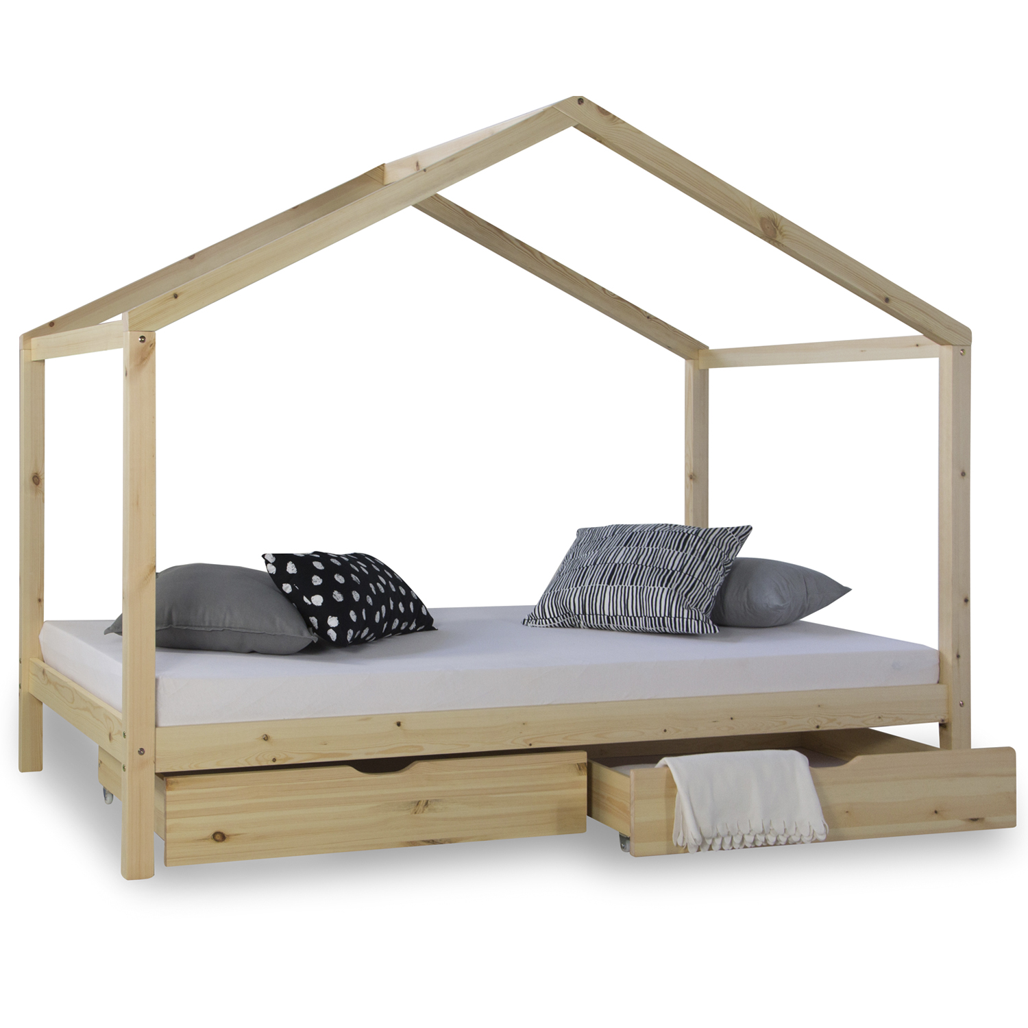 Kinderbett 90x200 cm Natur | Hausbett mit Bettkästen | Einzelbett | mit Lattenrost | Holz