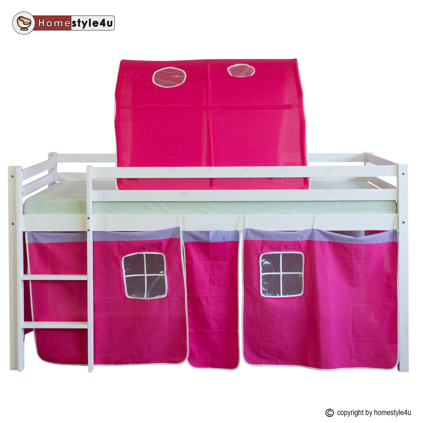Loft Bed Kids 90x200 cm White with Curtain in Pink | Tunnel | without Slatted Frame Loft Bed Kids 90x200 cm White with Curtain in Pink | Tunnel | without Slatted Frame
