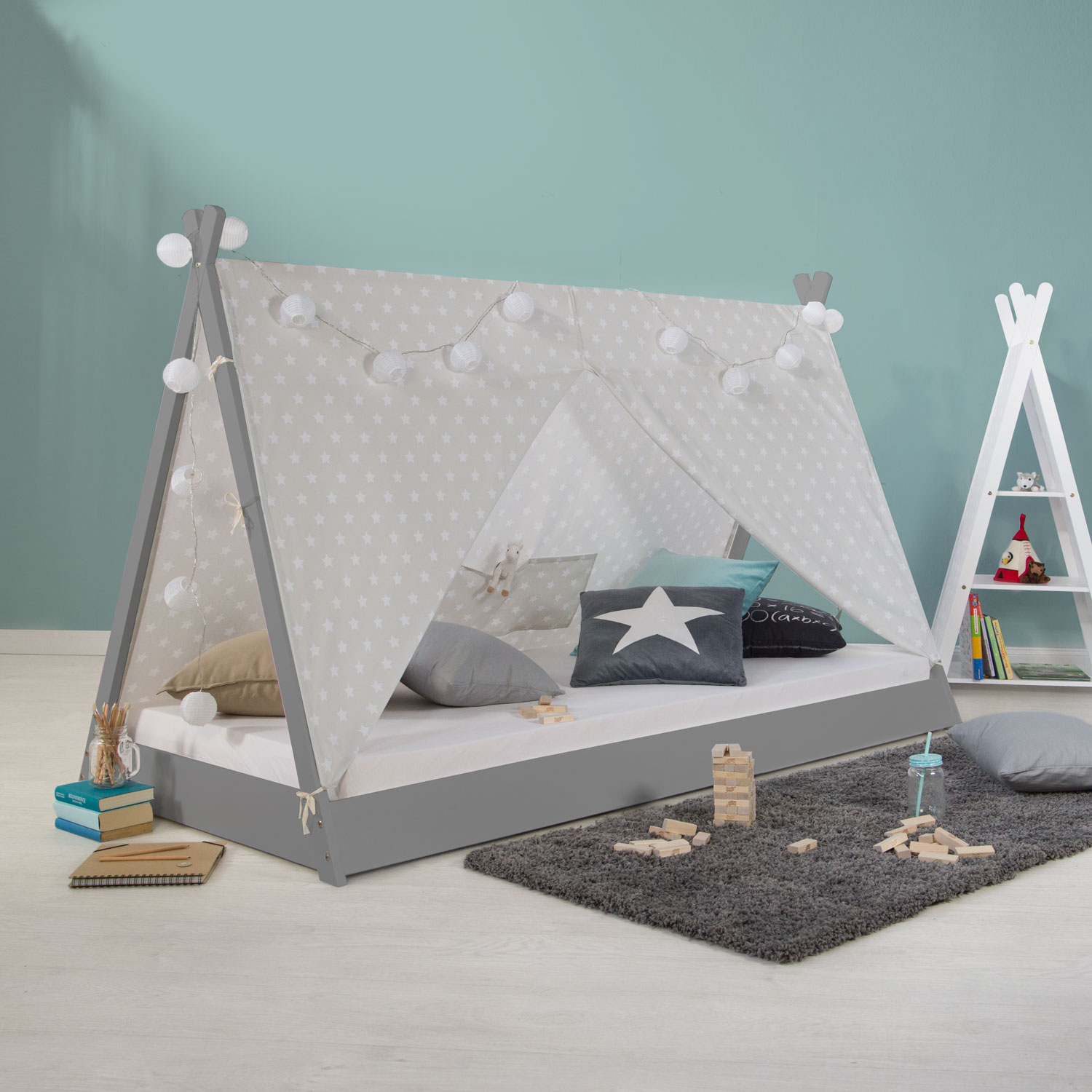 Children's Bed 90x200 cm Gray Gray Fabric | Tent Bed | Single Bed | with Slatted Frame | Wood