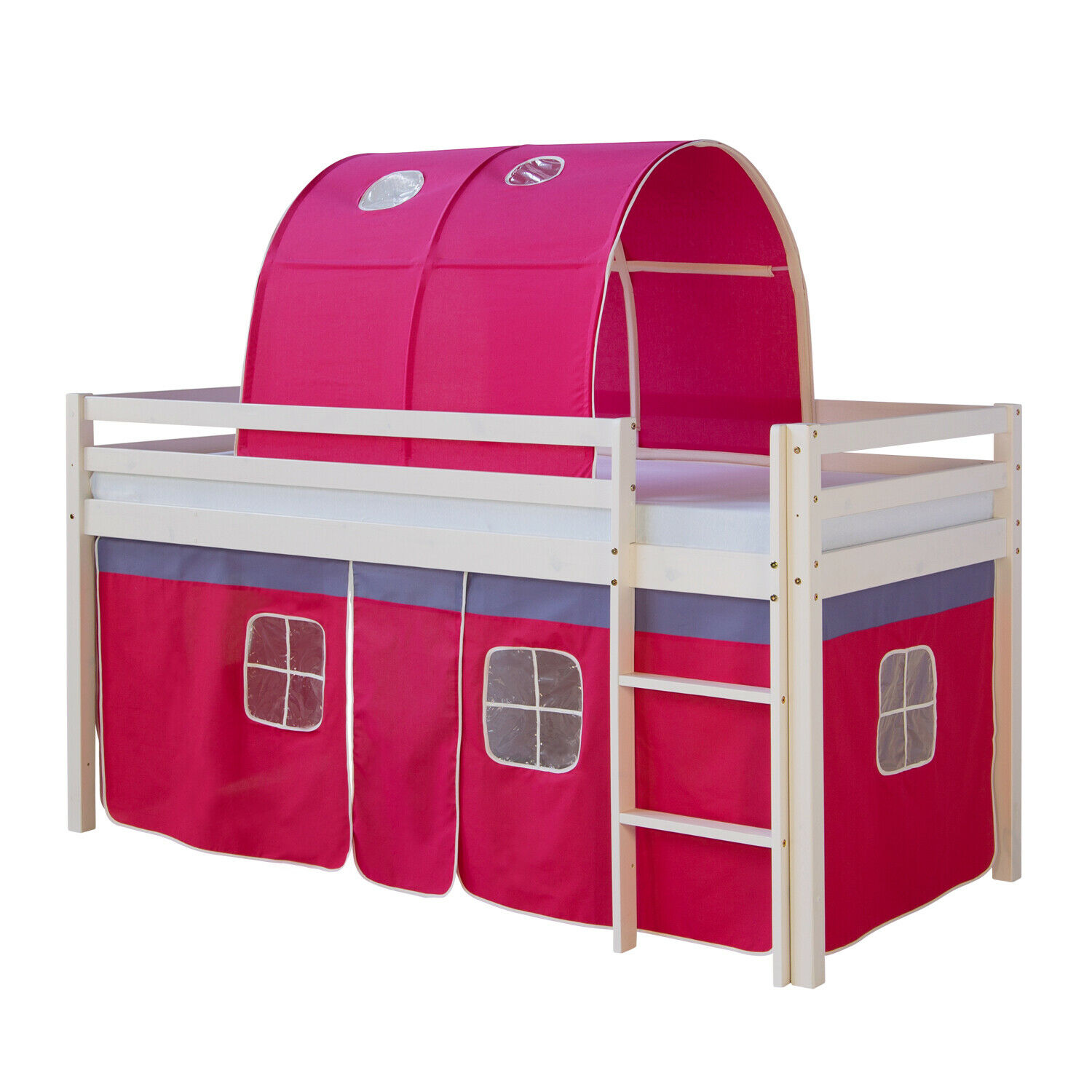 Loft Bed Kids 90x200 cm White with Curtain in Pink | Tunnel | without Slatted Frame Loft Bed Kids 90x200 cm White with Curtain in Pink | Tunnel | without Slatted Frame