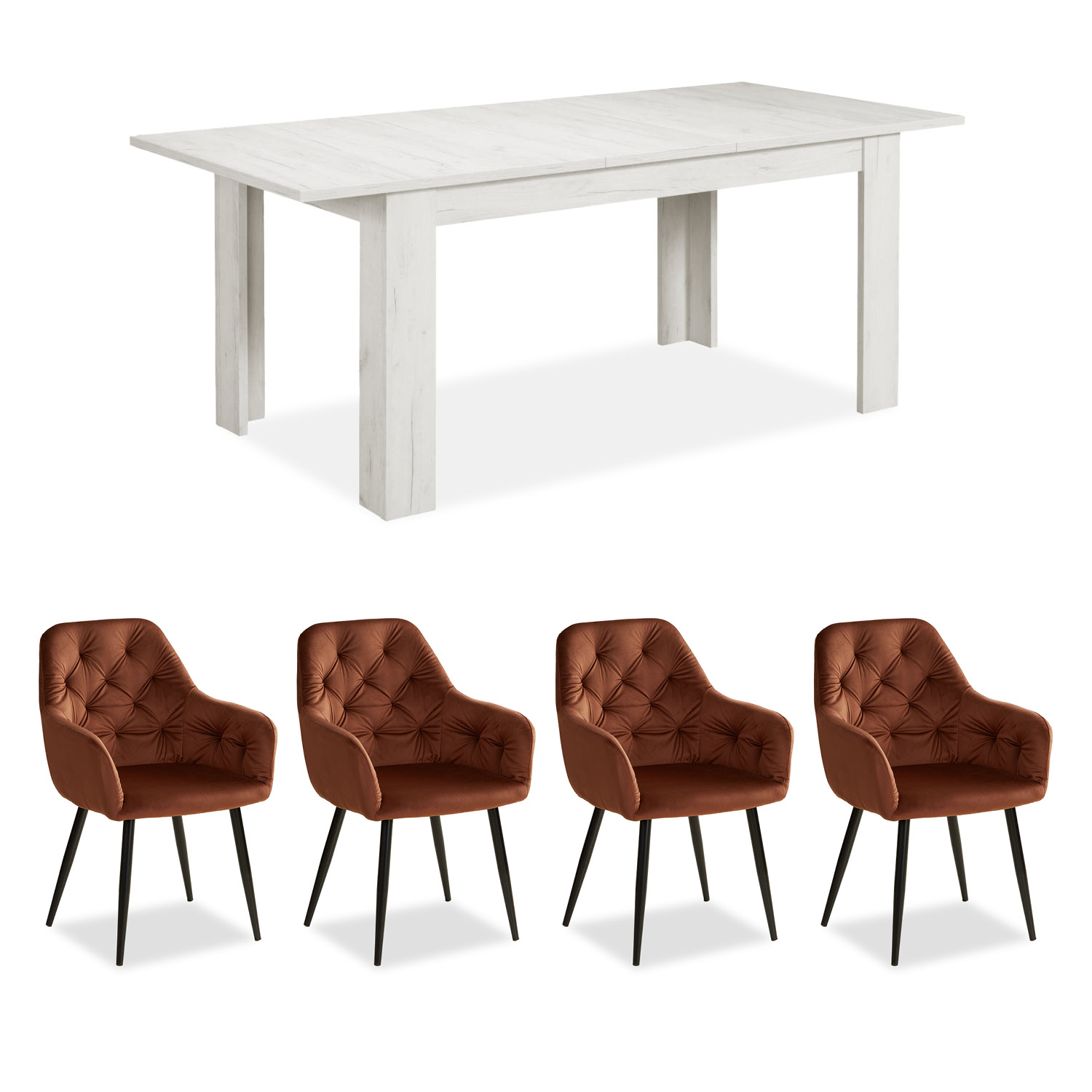 Dining set | 4-piece set upholstered chairs brown velvet with armrest | non-swivel | dining table white vintage 160 x 90 cm | extendable 200 cm