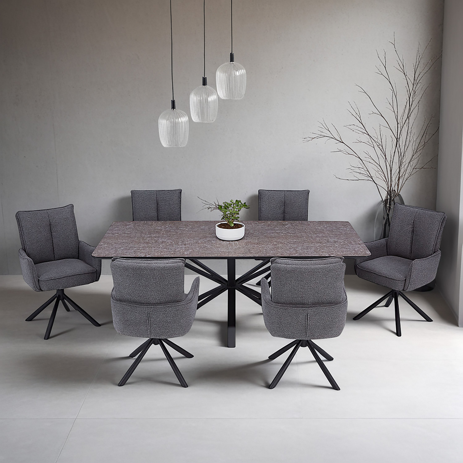 Modern Dining Table 200x100 cm Brown Black with 6 Dark Grey Fabric Chairs Dining Room Table 8 Seater Industrial Look