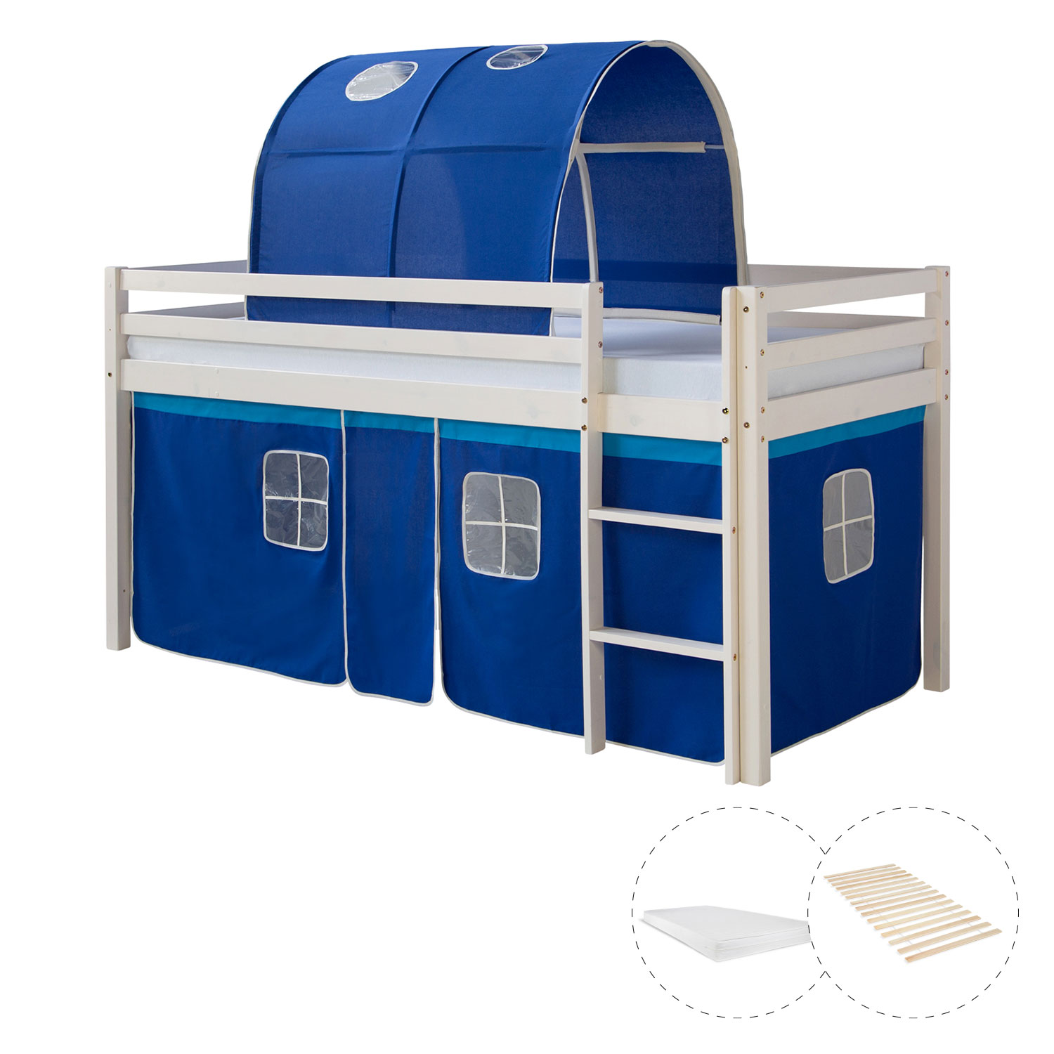 Loftbed 90x200 cm with Mattress Bunk bed Childrens bed Solid Pine Wood Slats Tunnel Curtain Blue Loftbed 90x200 cm with Mattress Bunk bed Childrens bed Solid Pine Wood Slats Tunnel Curtain Blue