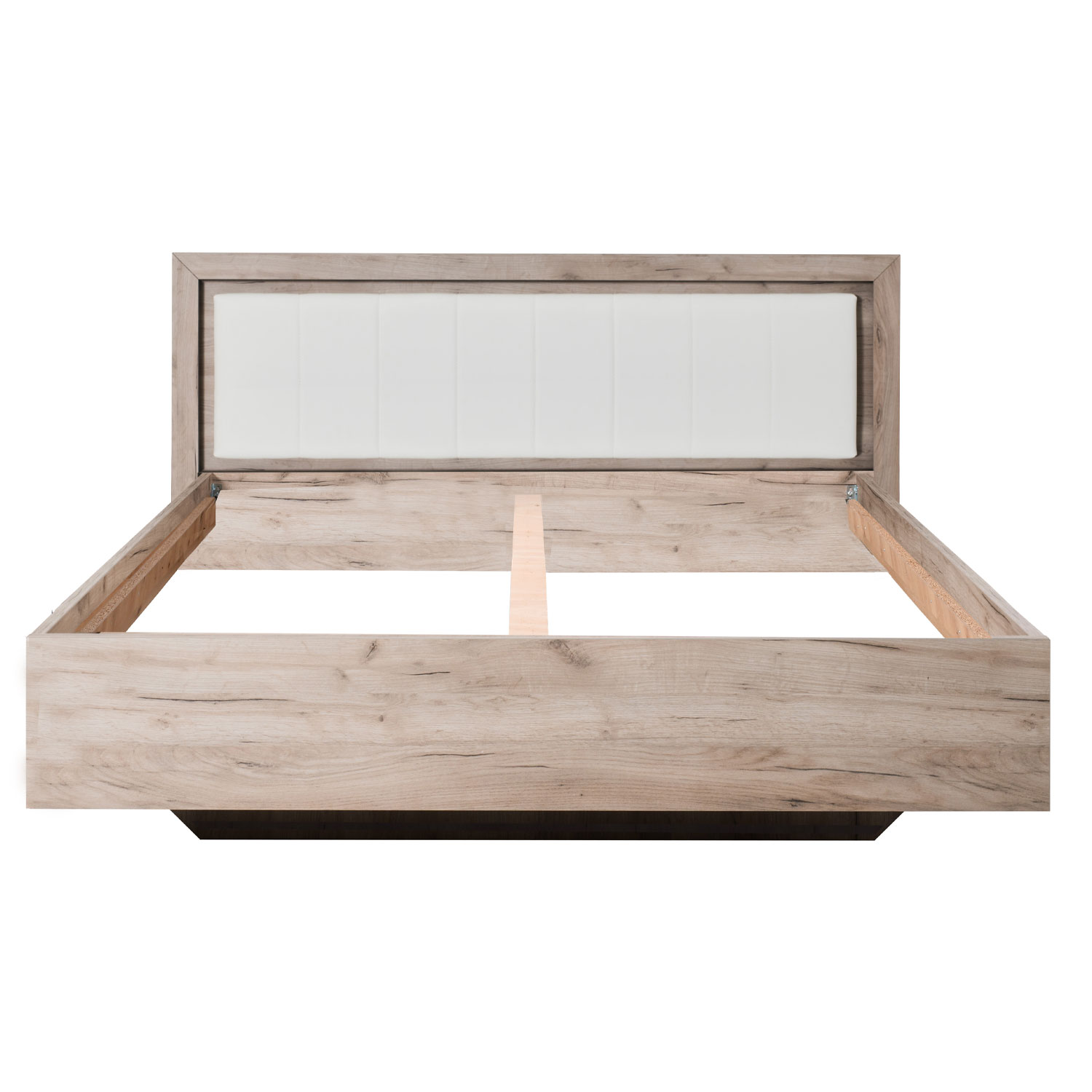 Lit en Bois Double Design en Cuir Rembourré 160x200 cm Cadre de Lit Chêne Gris Similicuir Blanc