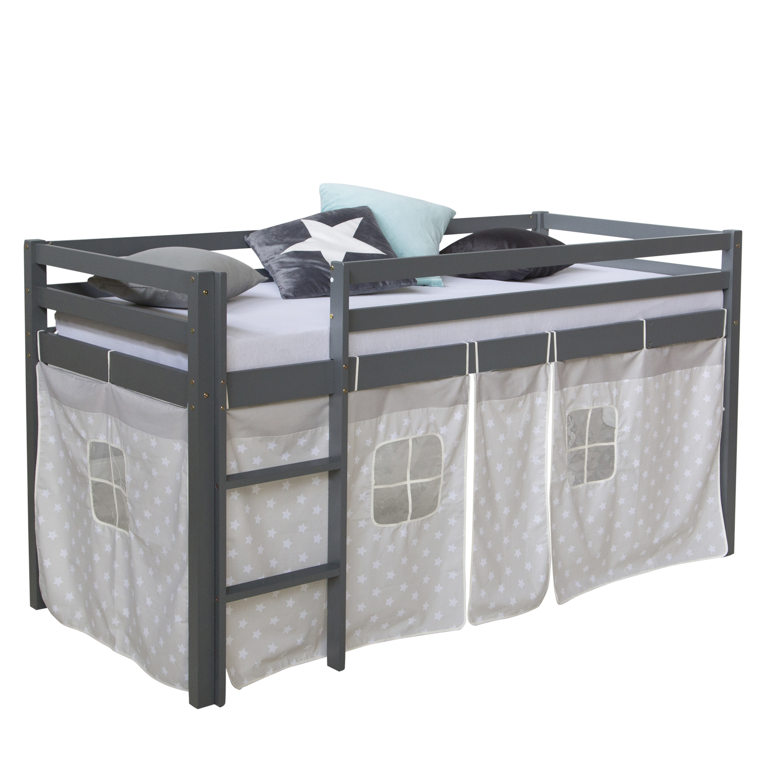 Loft Bed Kids 90x200 cm Gray with Curtain Stars | without Slatted Frame Loftbed 90x200 cm Grey Bunk bed Childrens bed Solid Pine Wood Tower Tunnel Curtain Stars Slide Mattress Slats