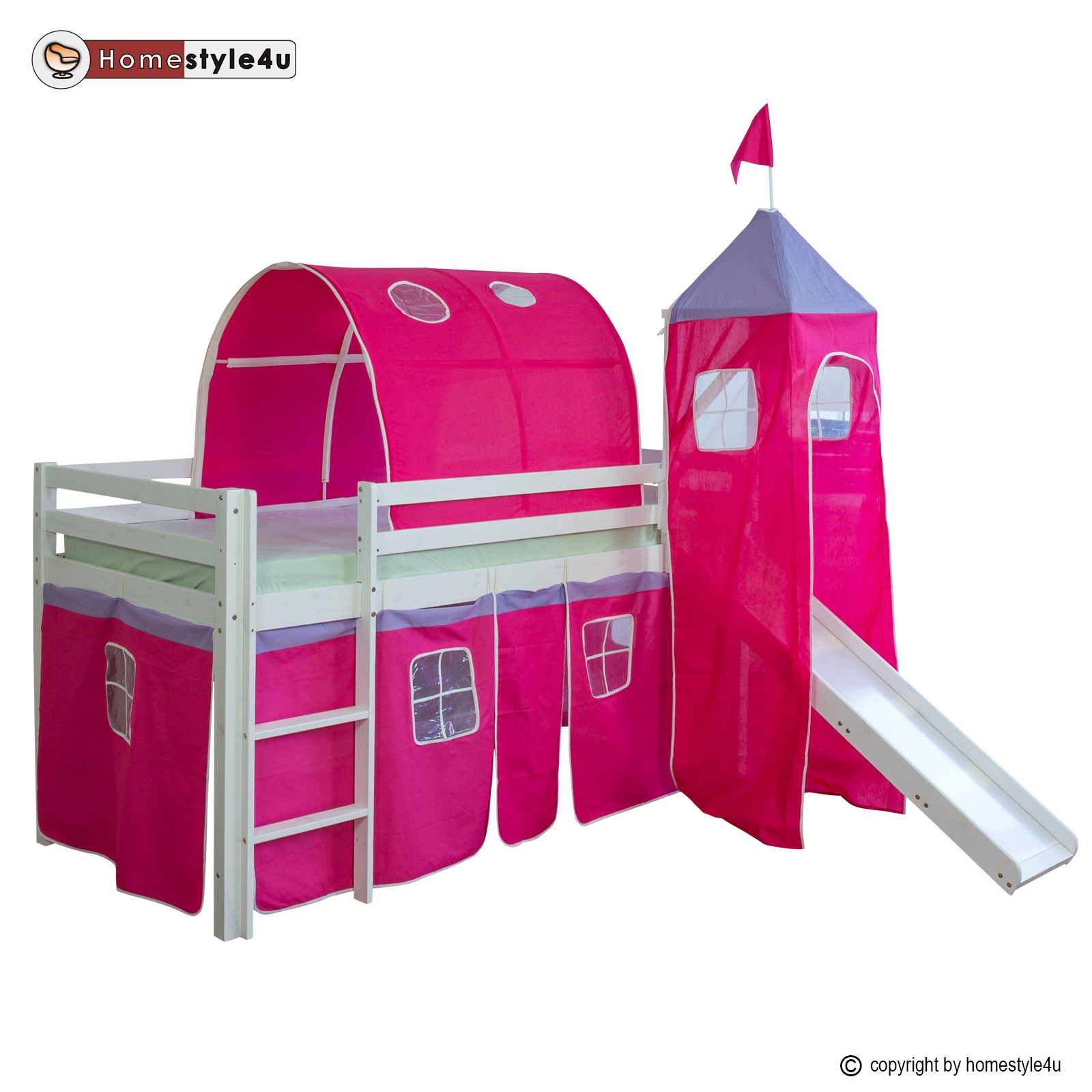 Loft Bed Kids 90x200 cm White with Curtain in Pink | Tunnel | Tower | Slide | without Slatted Frame Loft Bed Kids 90x200 cm White with Curtain in Pink | Tunnel | Tower | Slide | without Slatted Frame
