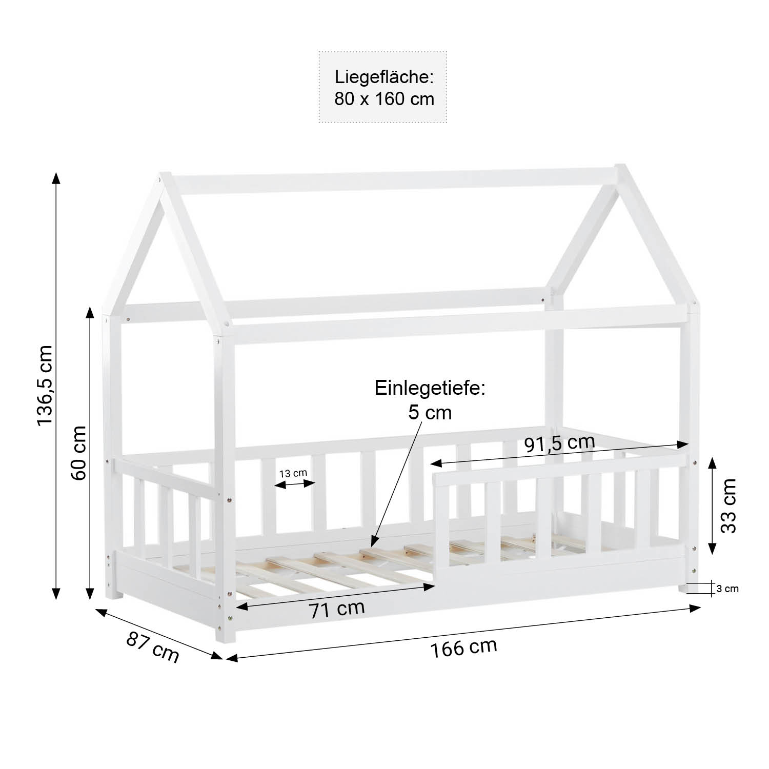 Kinderbett 80x160 cm Weiß | Hausbett mit Rausfallschutz | Montessori | Einzelbett | mit Lattenrost | Holz