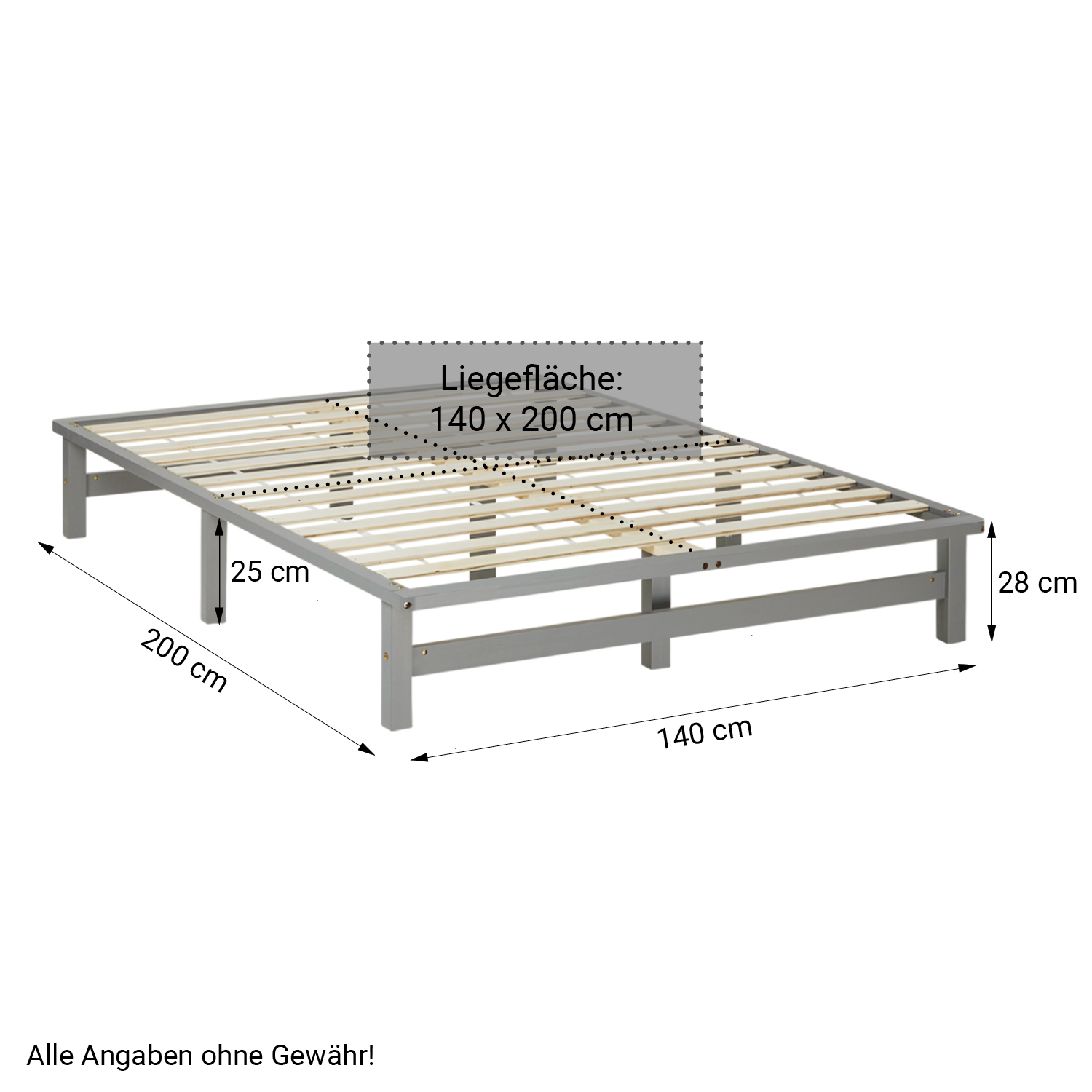 Palettenbett 140x200 cm Grau | Doppelbett mit Bettkästen | mit Lattenrost | Holz | Kind Jugend Gast Schlafzimmer