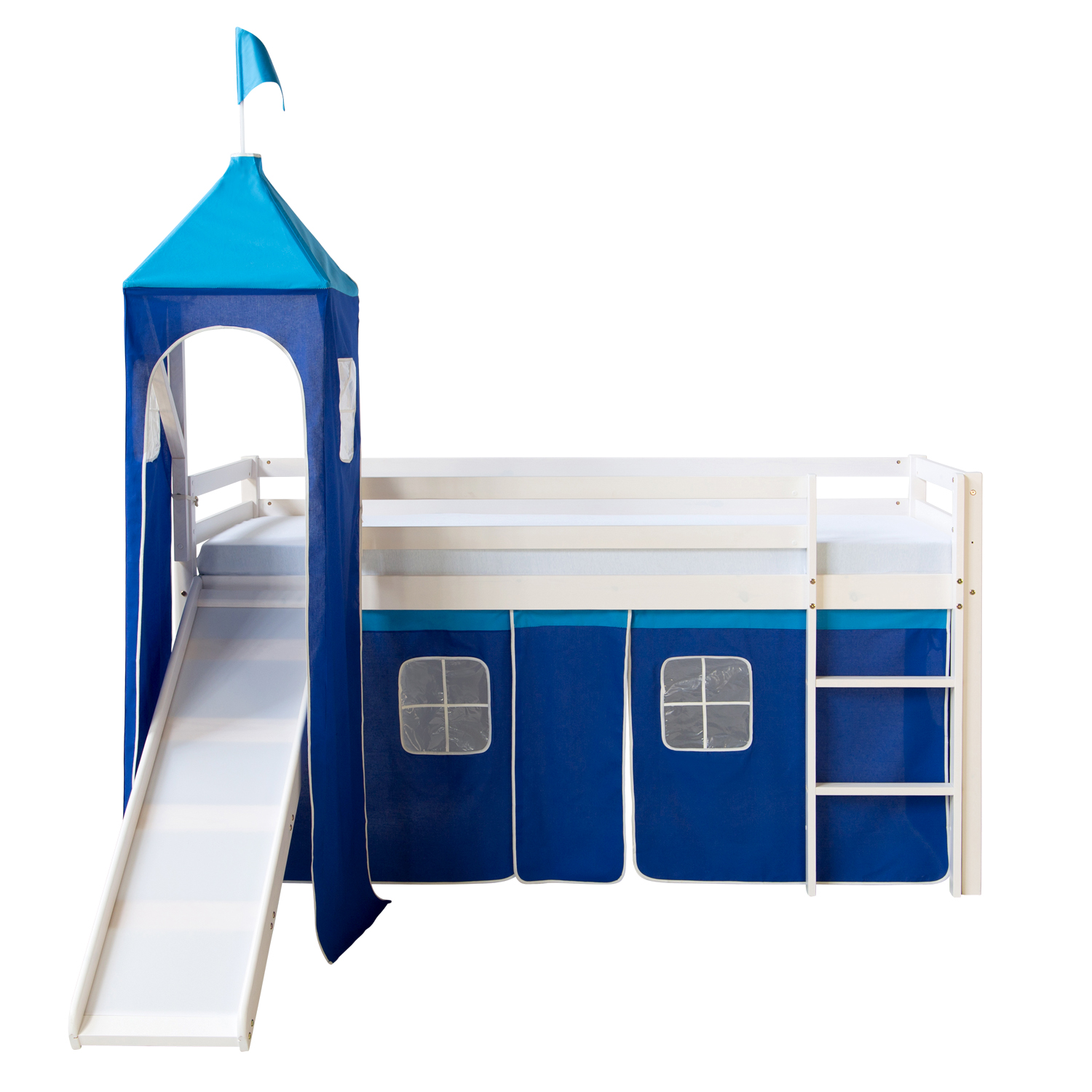 Loft Bed Kids 90x200 cm White with Curtain in Blue | Tower | Slide | without Slatted Frame Loftbed 90x200 cm with Tower Slide Mattress Bunk bed Childrens bed Solid Pine Wood Slats Curtain Blue