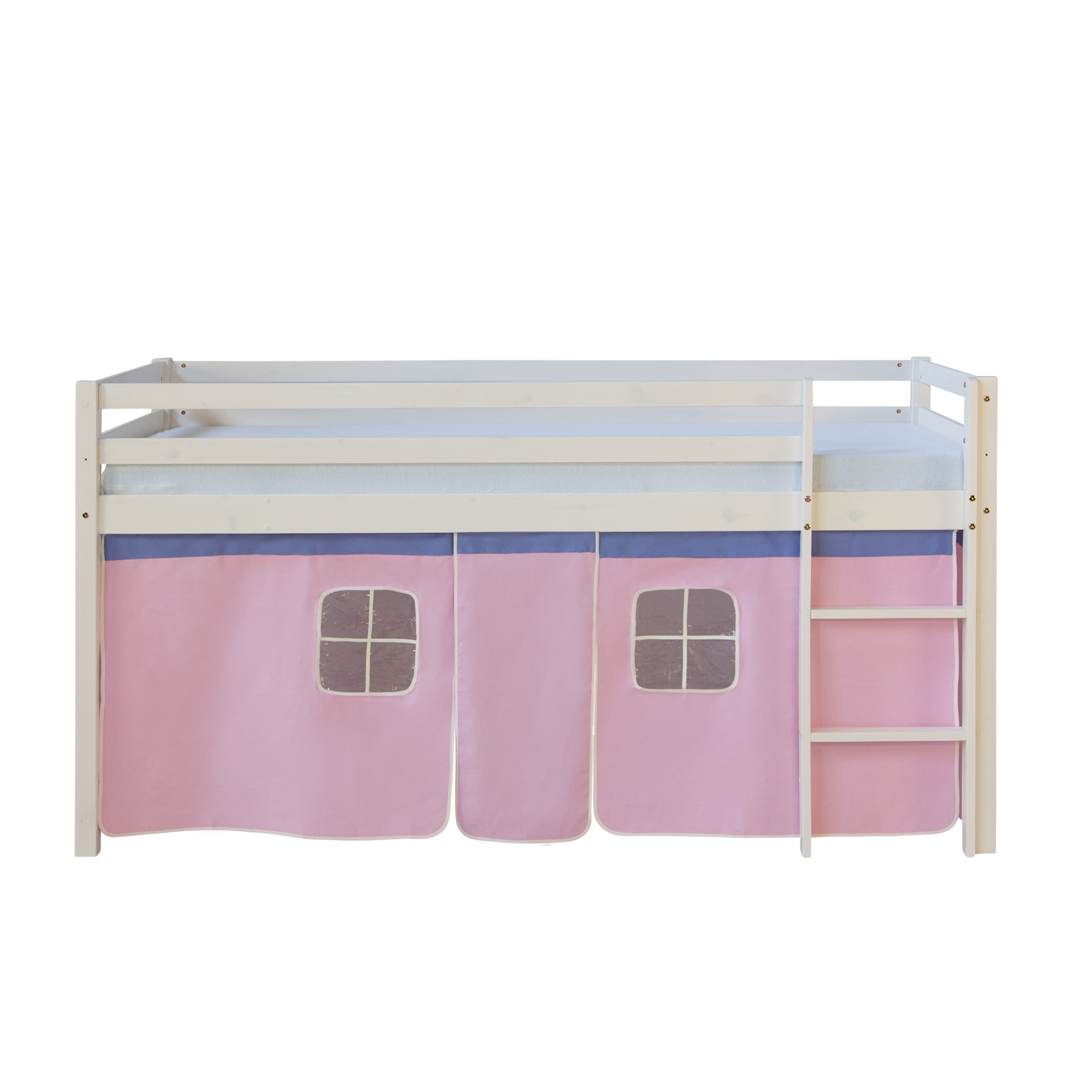 Lit Mezzanine Enfant 90x200 cm Blanc avec Rideau Rose | sans Sommier