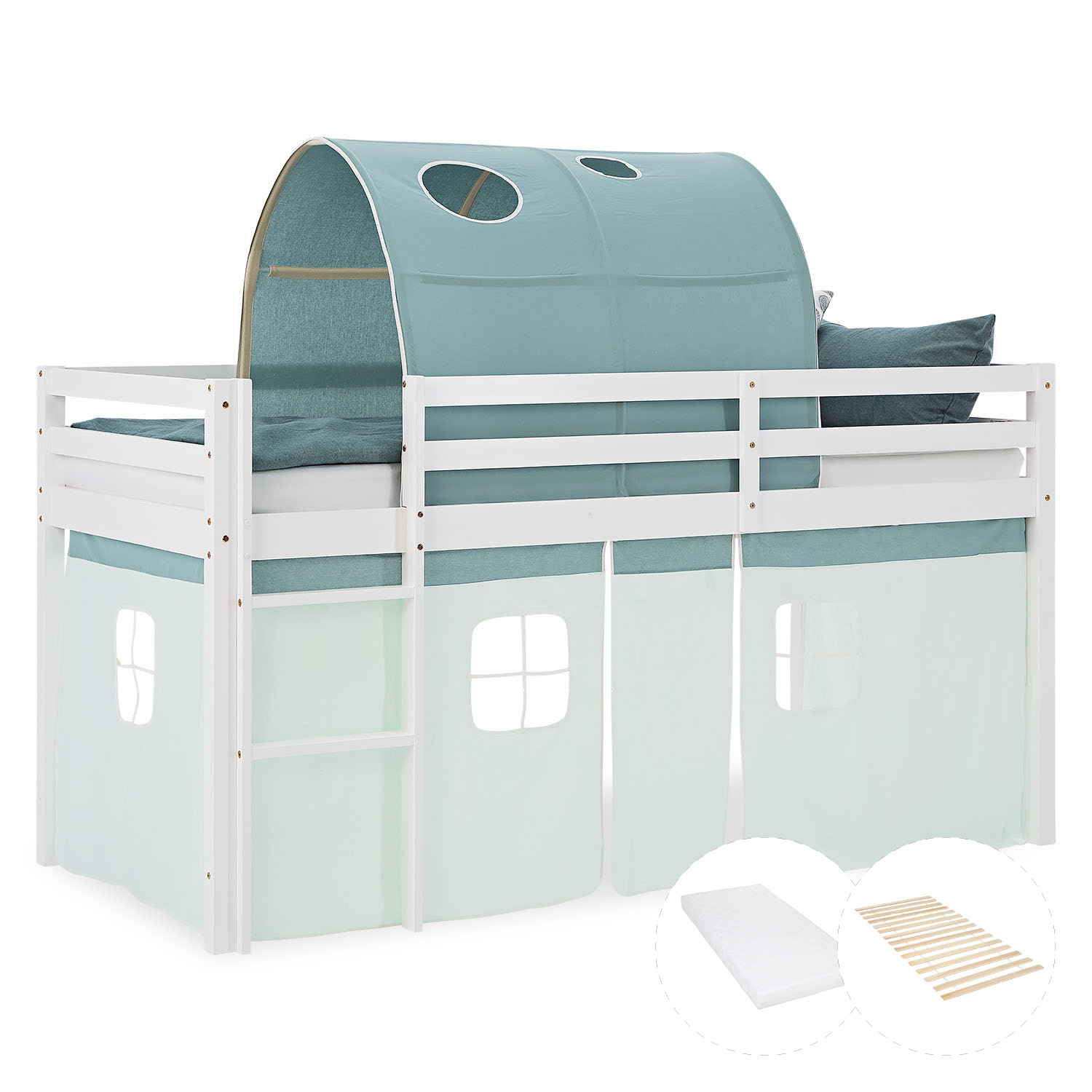 Loft Bed for Kids 90x200 cm White with Curtain in Mint Green | Tunnel | with Slatted Frame and Mattress