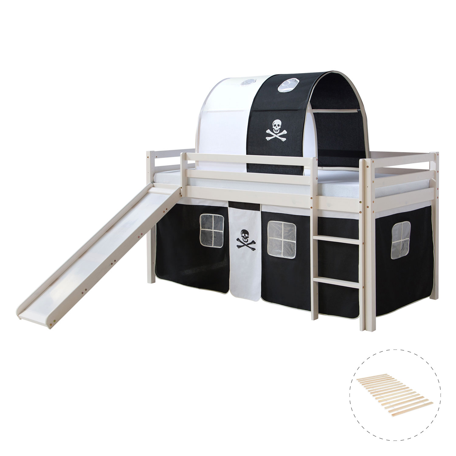 Loft Bed Kids 90x200 cm White with Curtain in Black | Tunnel | Slide | with Slatted Frame