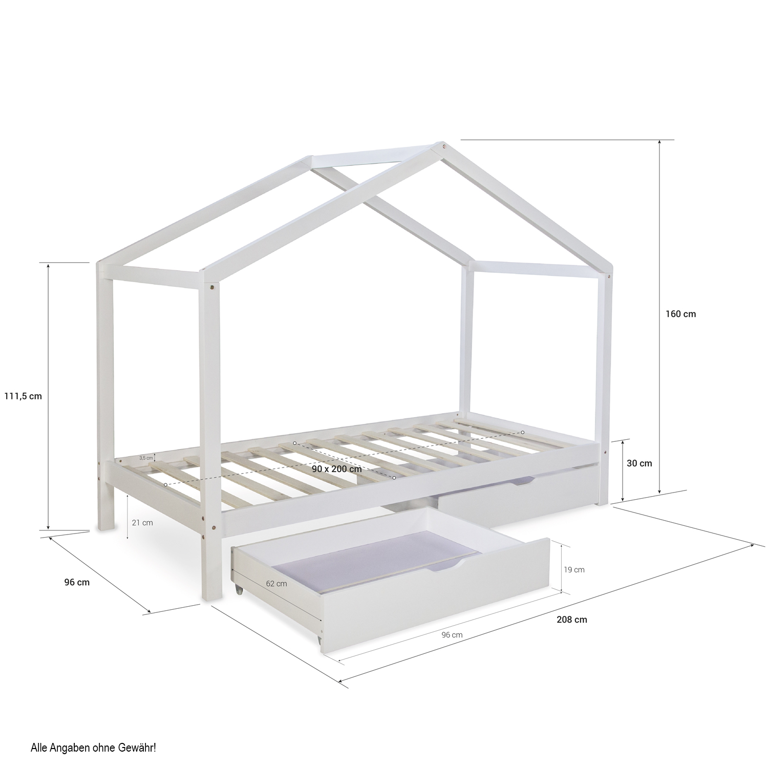 Cot House Bed 90x200 Children's House Play Bed Wooden Bed Bed Drawer Nature White Grey Children's Bed with mattress 90x200 House Bed Kids Bed Wooden Bed Natur Cot Drawer