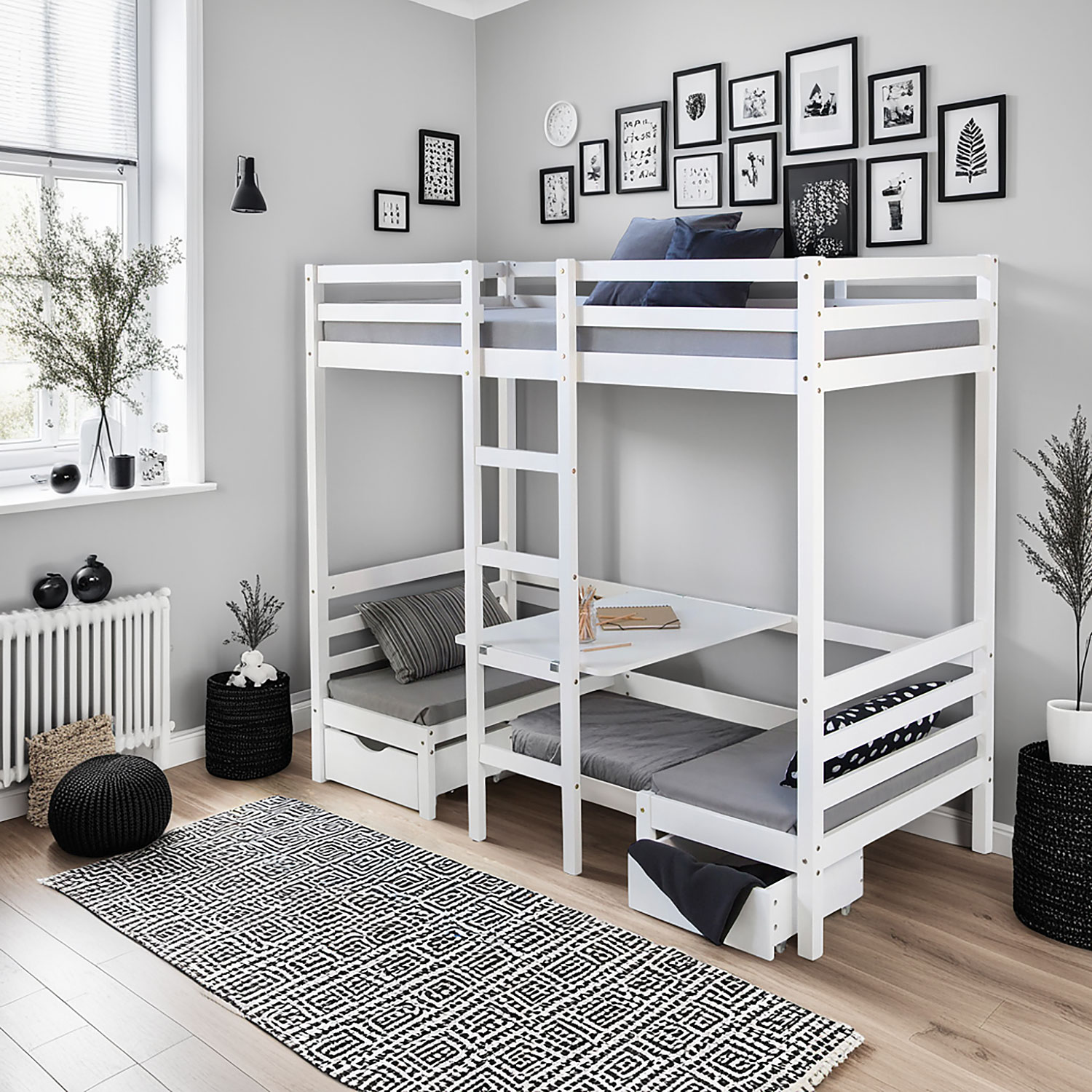 Loft Bed Kids 90x200 cm White with Desk | with 2 Benches | with Slatted Frame