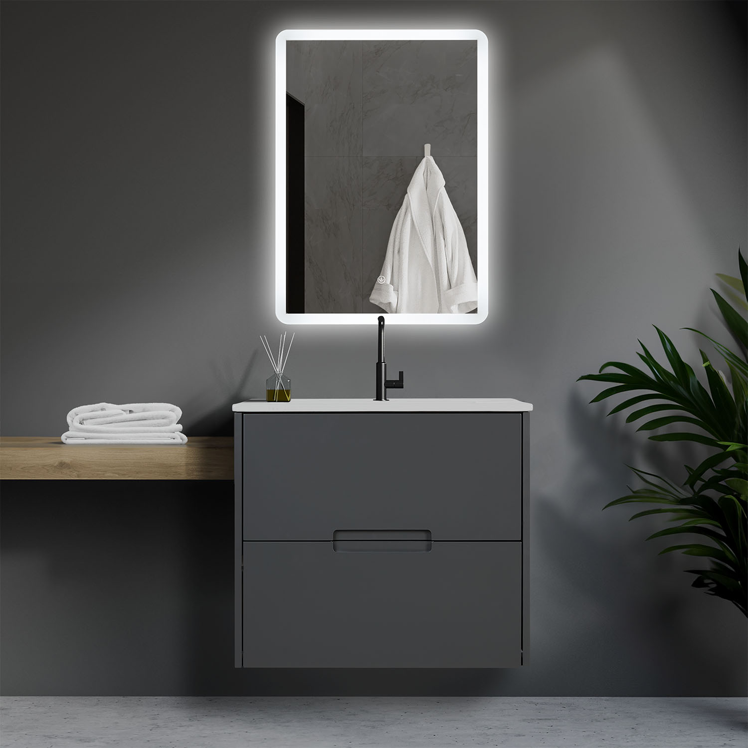 Meuble salle de bain Meuble vasque 60 cm Gris avec Miroir LED Rangement Meuble lavabo Plan vasque Console de salle de bain