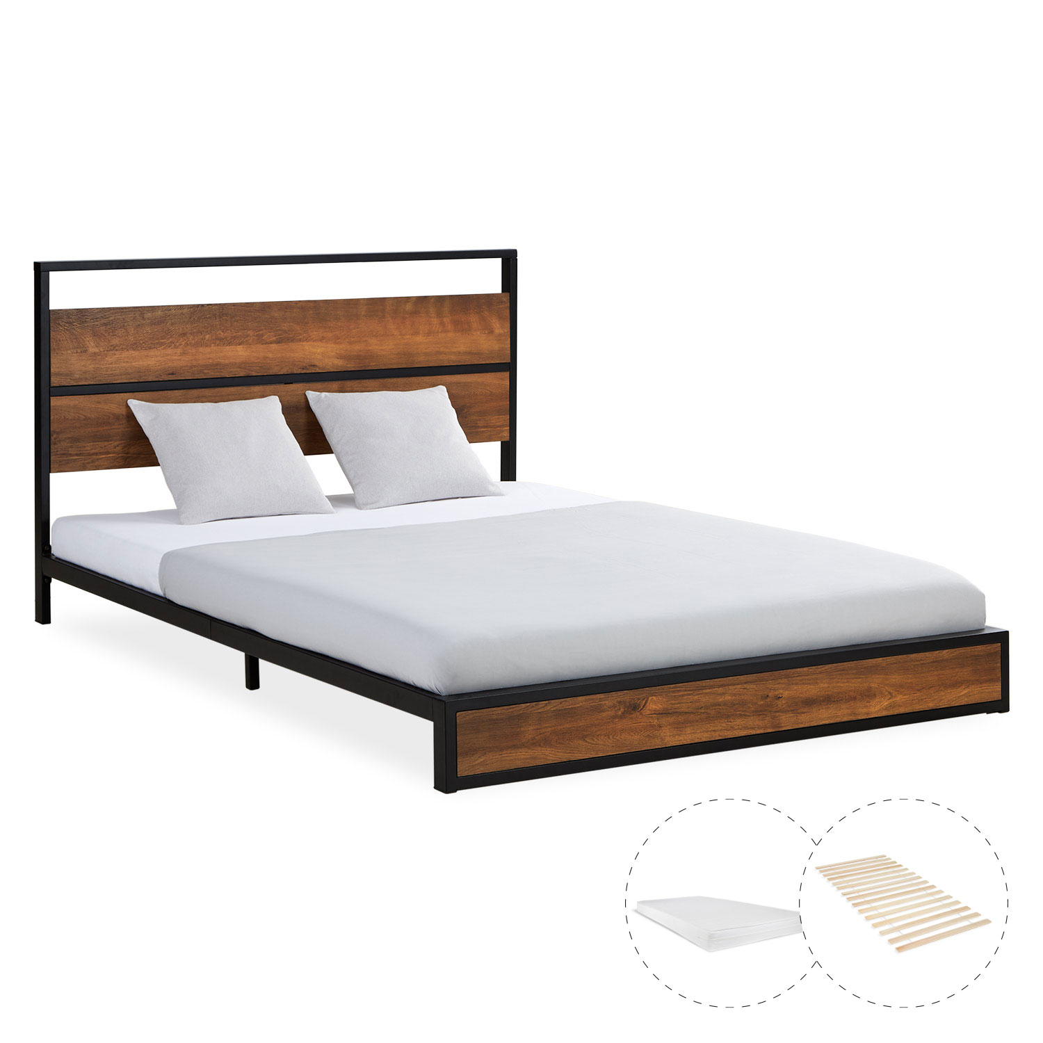 Solid Metal Bed with Mattress 140x200 cm Slatts Double Bed Black Futon Bed Wood Brown Platform Bed Frame Guest Bed Solid Metal Bed with Mattress 140x200 cm Slatts Double Bed Black Futon Bed Wood Brown Platform Bed Frame Guest Bed