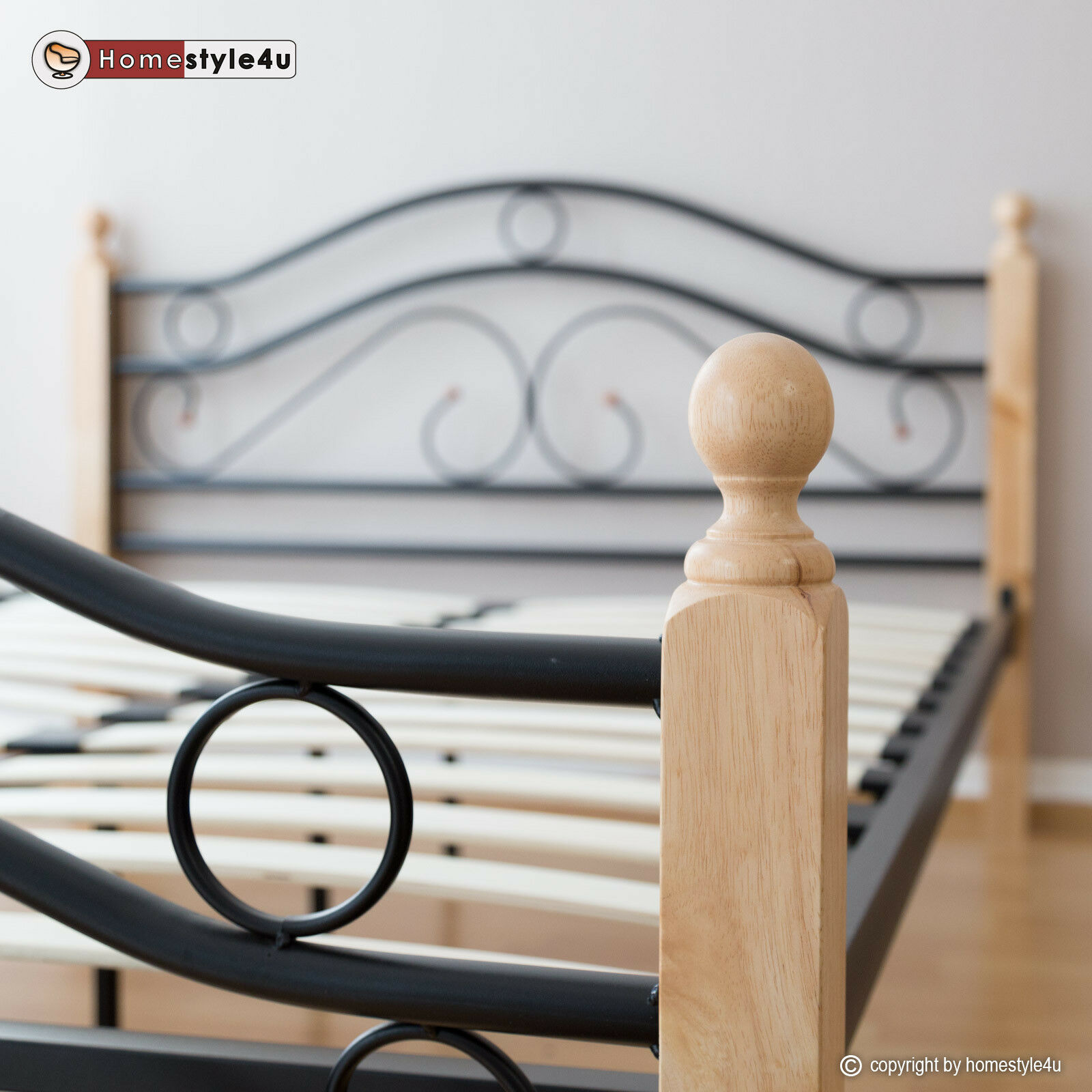 Metal Bed Iron Bed Double 140 x 200 Wood Slatted black natural bed frame 803 Metal Bed Iron Bed Double 160 x 200 Wood Slatted black natural bed frame 803