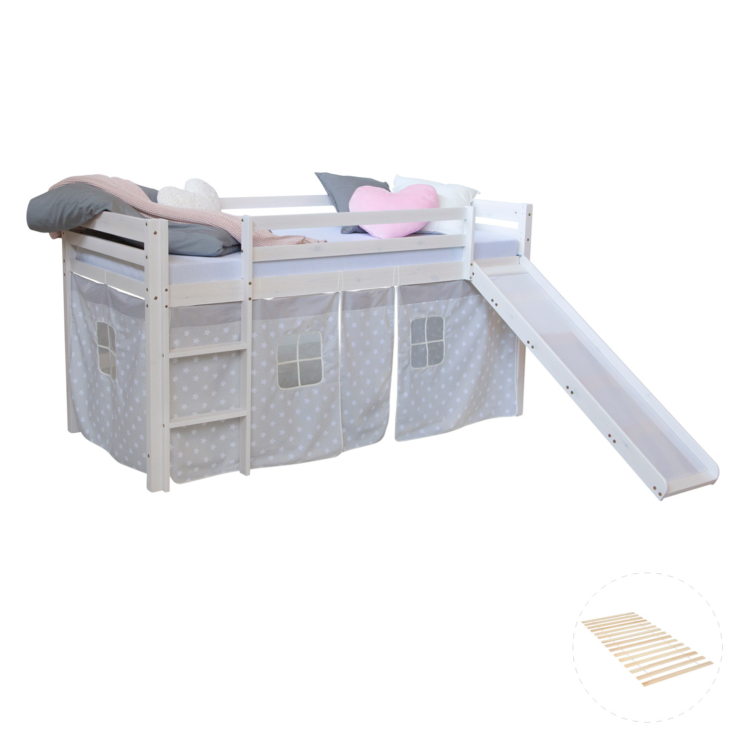 Loft Bed Kids 90x200 cm White with Curtain Stars | Slide | with Slatted Frame Loft Bed Kids 90x200 cm White with Curtain Stars | Slide | with Slatted Frame