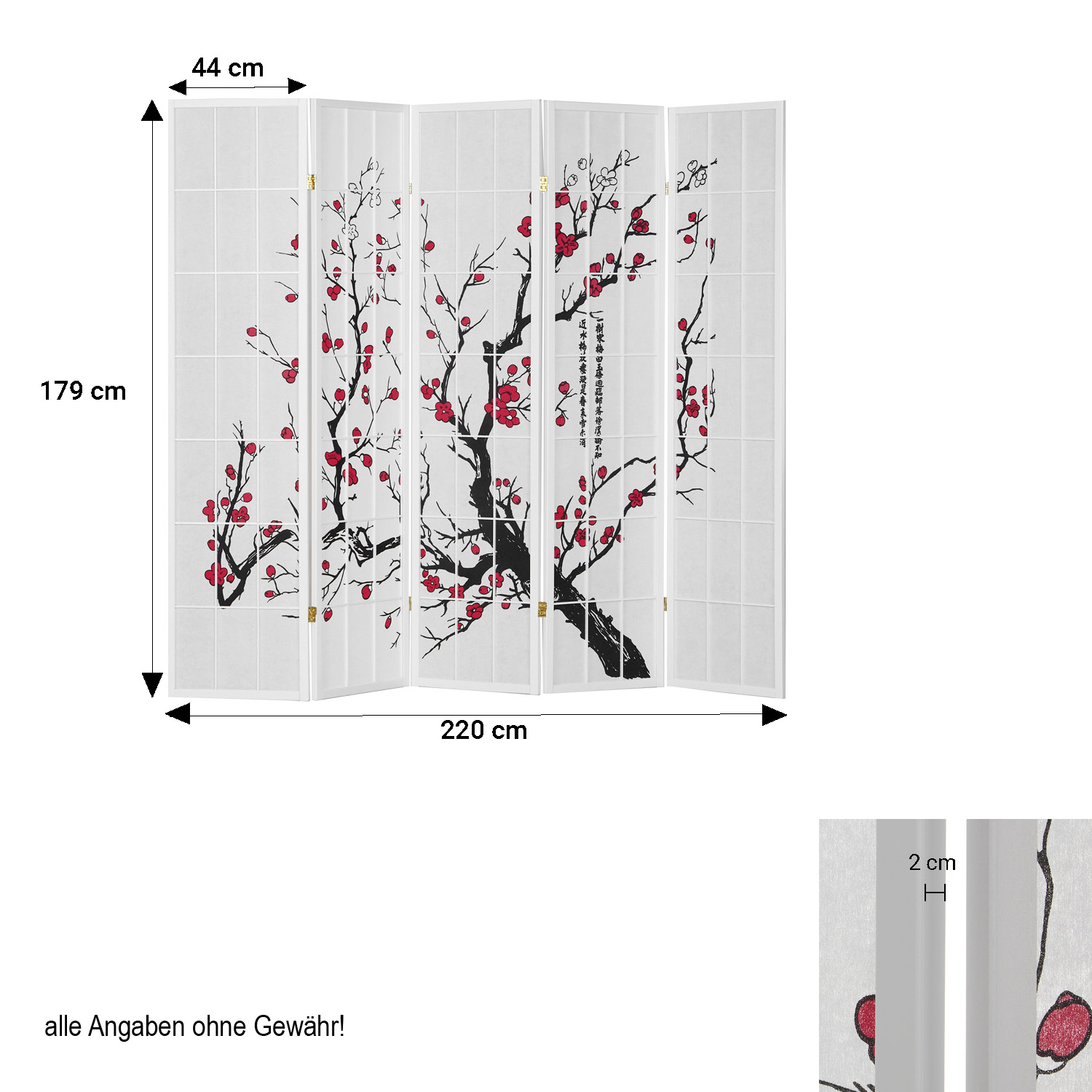 Screen room divider, 5 parts, wood rice paper white, cherry pattern, height 179 cm