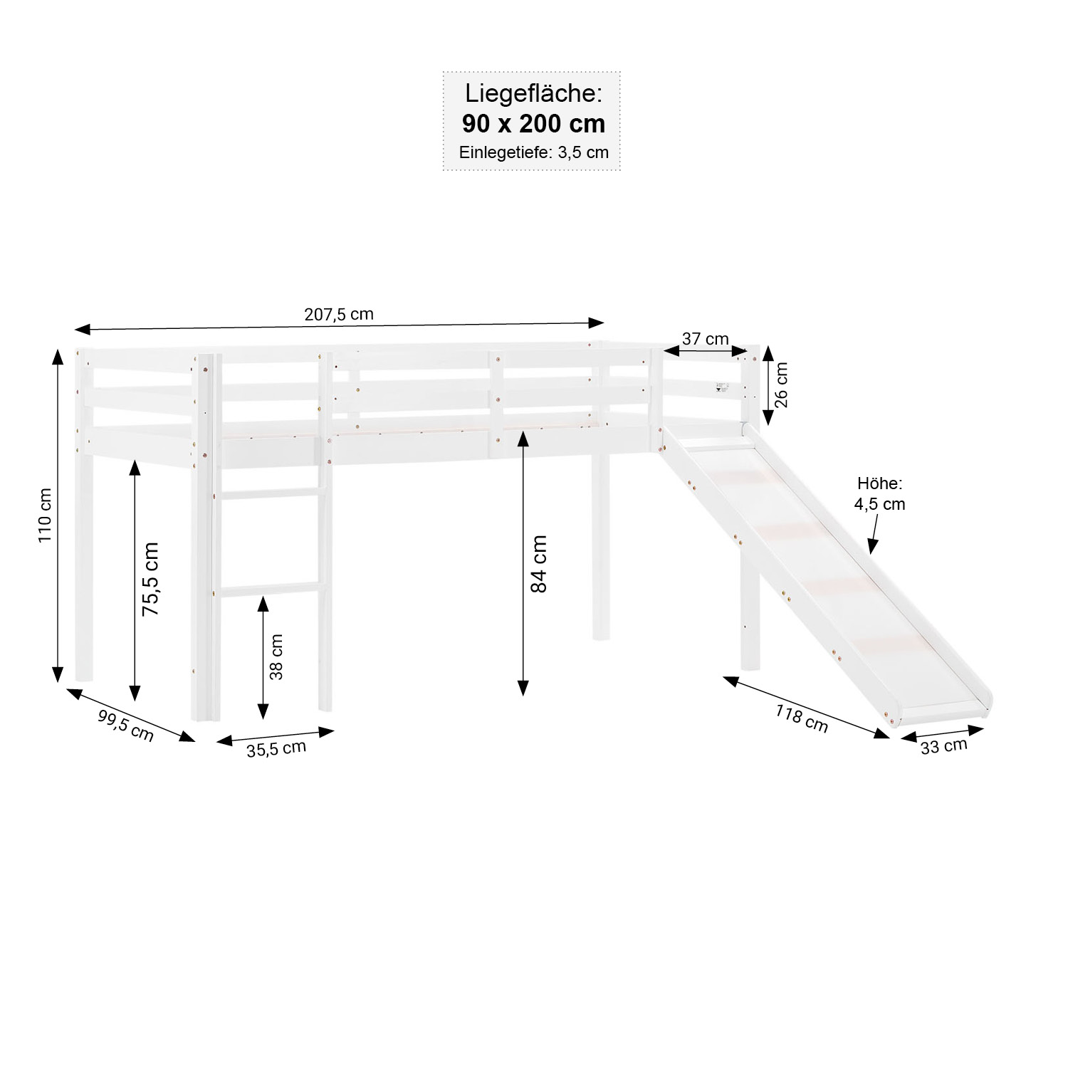 Loft Bed for Kids 90x200 cm White with Curtain in Mint Green | Slide | Tower | Tunnel | with Slatted Frame and Mattress