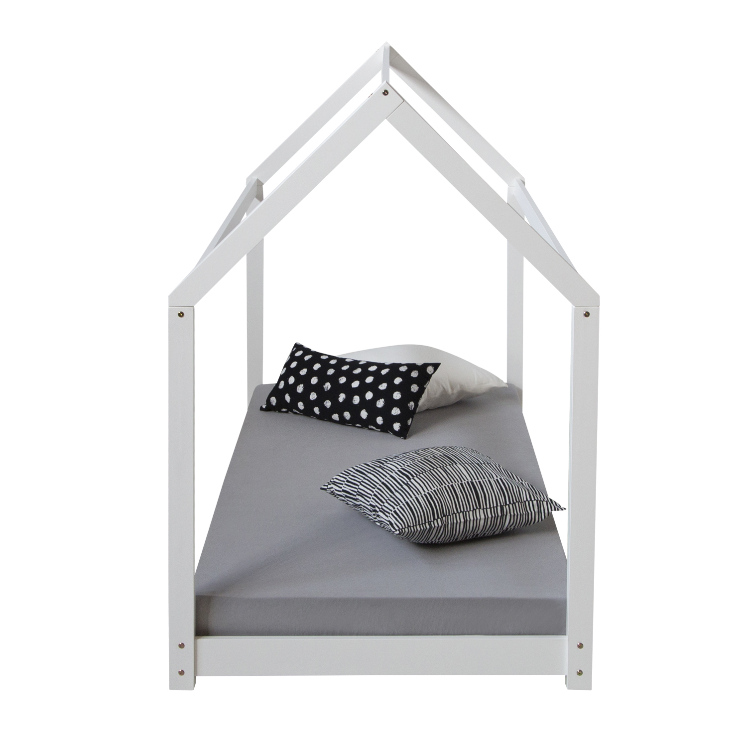 Lit Enfant 90x200 cm Blanc | Lit Cabane | Lit Simple | avec Sommier | Bois | Lit au Sol