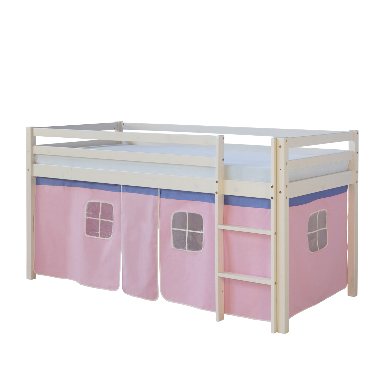 Loftbed 90x200 cm Bunk bed Childrens bed Solid Pine Wood Tower Tunnel Curtain Pink Slide Mattress Slats Loftbed 90x200 cm with Mattress Bunk bed Childrens bed Solid Pine Wood Slats Curtain Pink