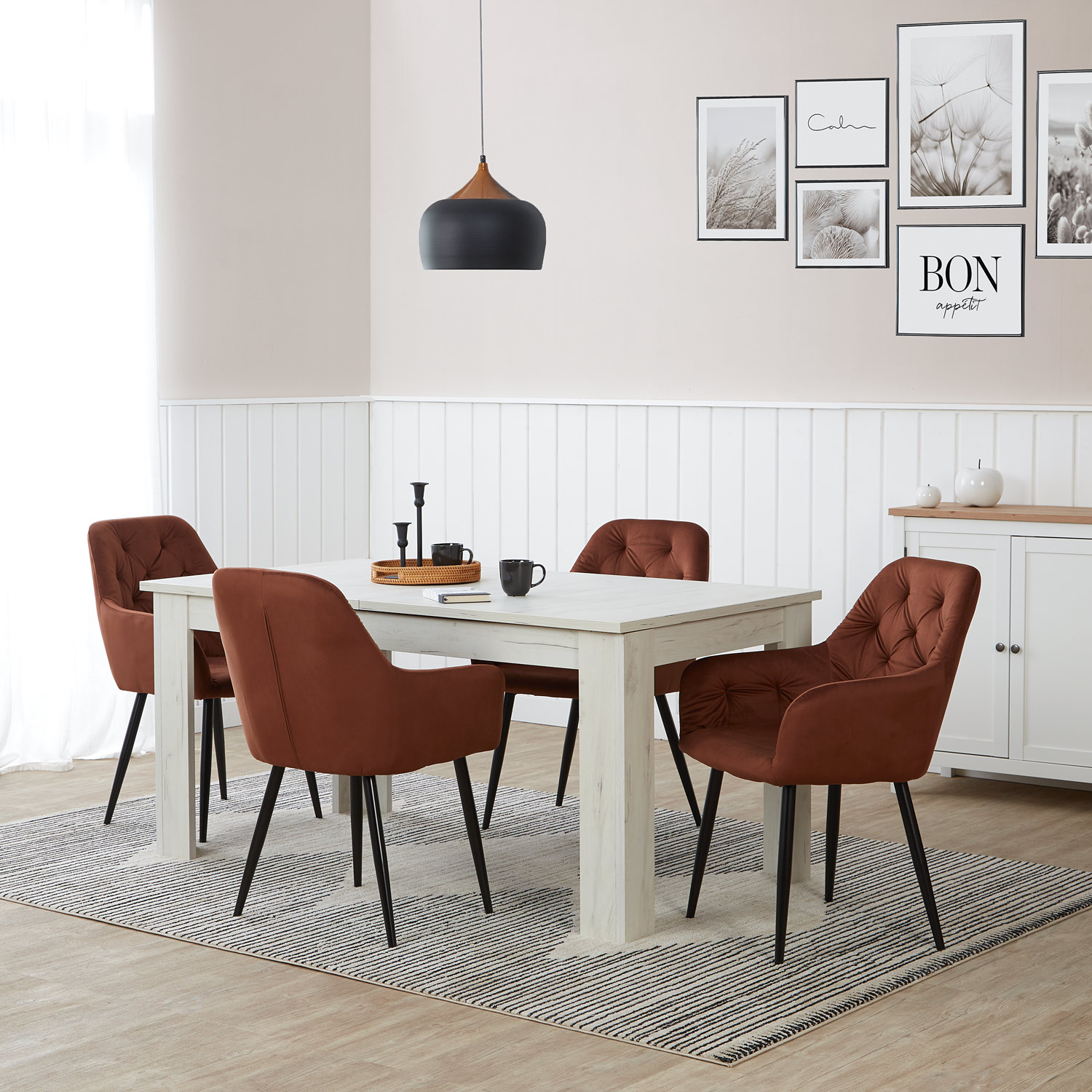 Dining Table 160x90 cm Extendable with 4 Chairs Brown Velvet Dining Room Table Wooden Table White