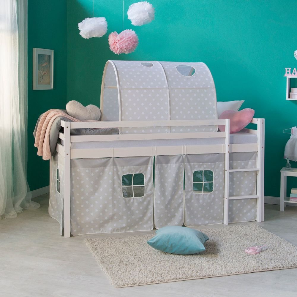 Loft Bed Kids 90x200 cm White with Curtain Stars | Tunnel | without Slatted Frame Loft Bed Kids 90x200 cm White with Curtain Stars | Tunnel | without Slatted Frame