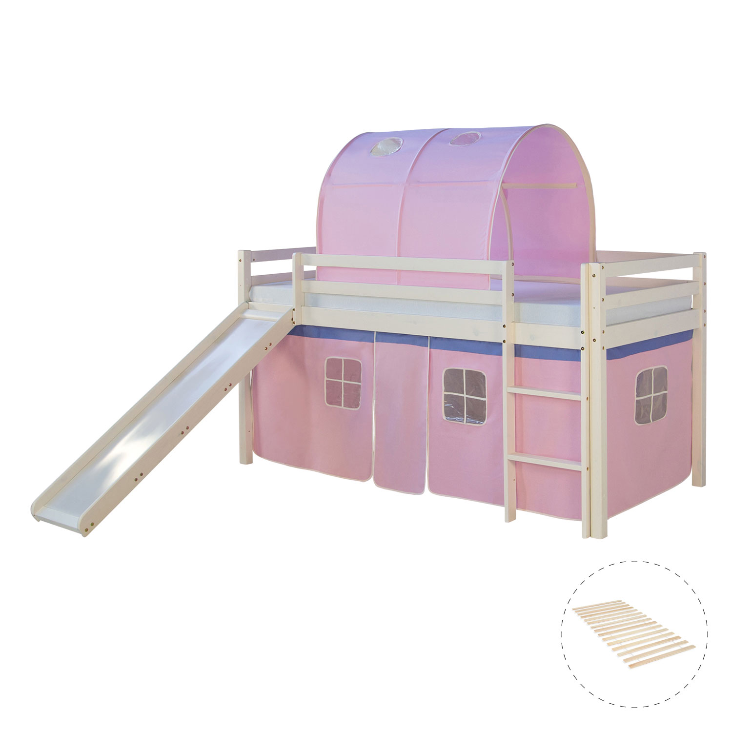 Loft Bed Kids 90x200 cm White with Curtain in Pink | Tunnel | Slide | with Slatted Frame Loft Bed Kids 90x200 cm White with Curtain in Pink | Tunnel | Slide | with Slatted Frame