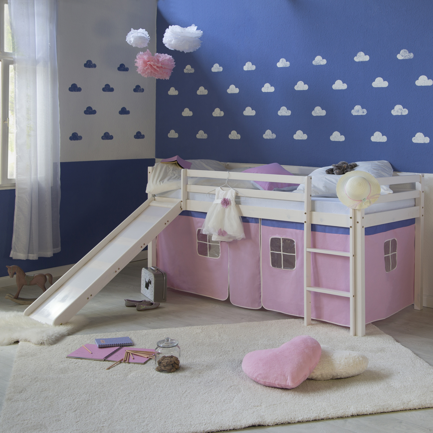 Loftbed 90x200 cm Bunk bed Childrens bed Solid Pine Wood Tower Tunnel Curtain Pink Slide Mattress Slats Loft Bed Kids 90x200 cm White with Curtain in Pink | Slide | with Slatted Frame