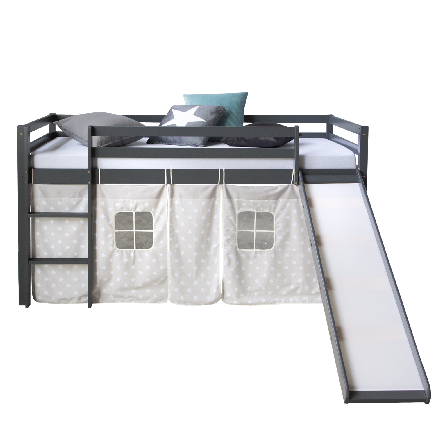 Loft Bed Kids 90x200 cm Gray with Curtain Stars | Slide | without Slatted Frame Loftbed with Slide 90x200 cm Matelas Grey Bunk bed Childrens bed Solid Pine Wood Curtain Stars Slats
