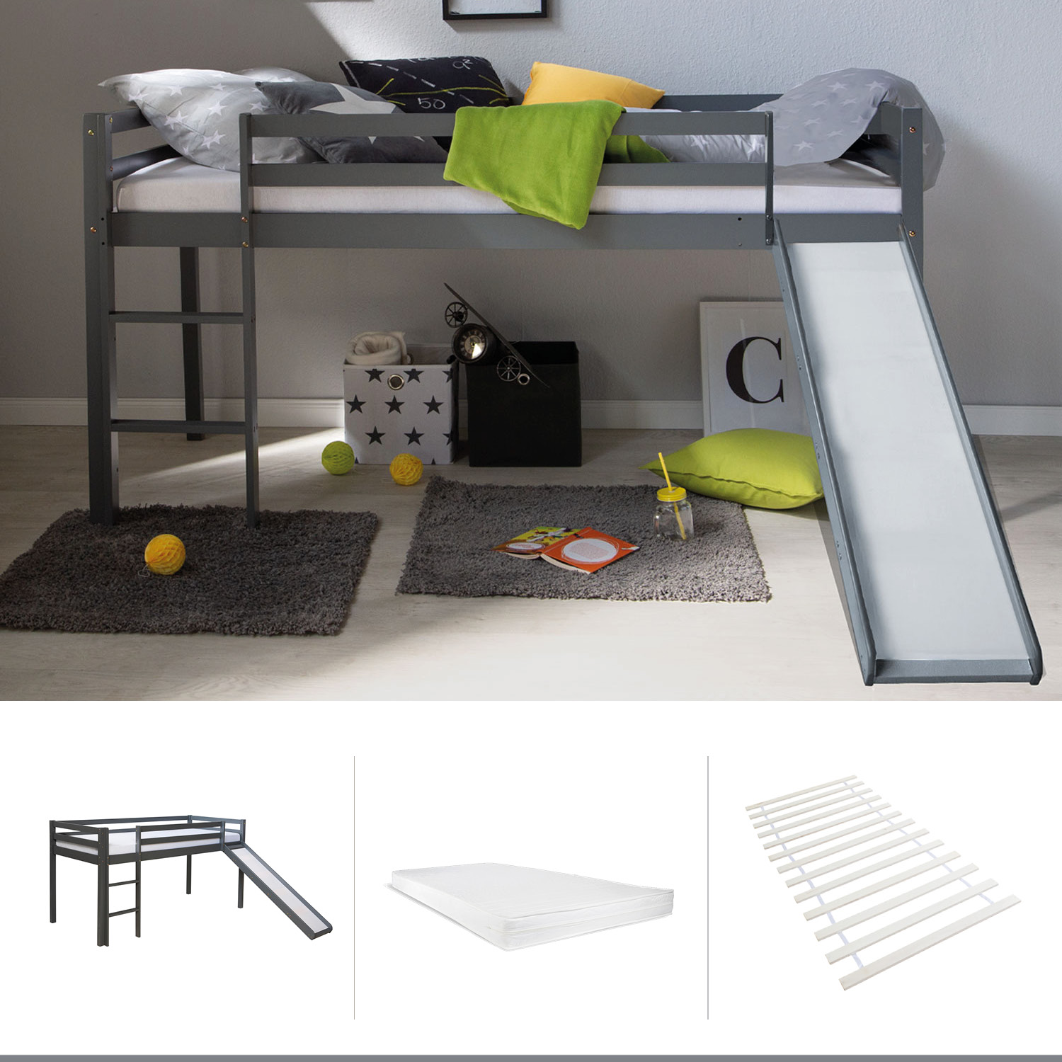 Lit superposé avec matelas et sommier à lattes  toboggan 90x200 cm Lit d'enfant Lit mezzanine Gris Pin