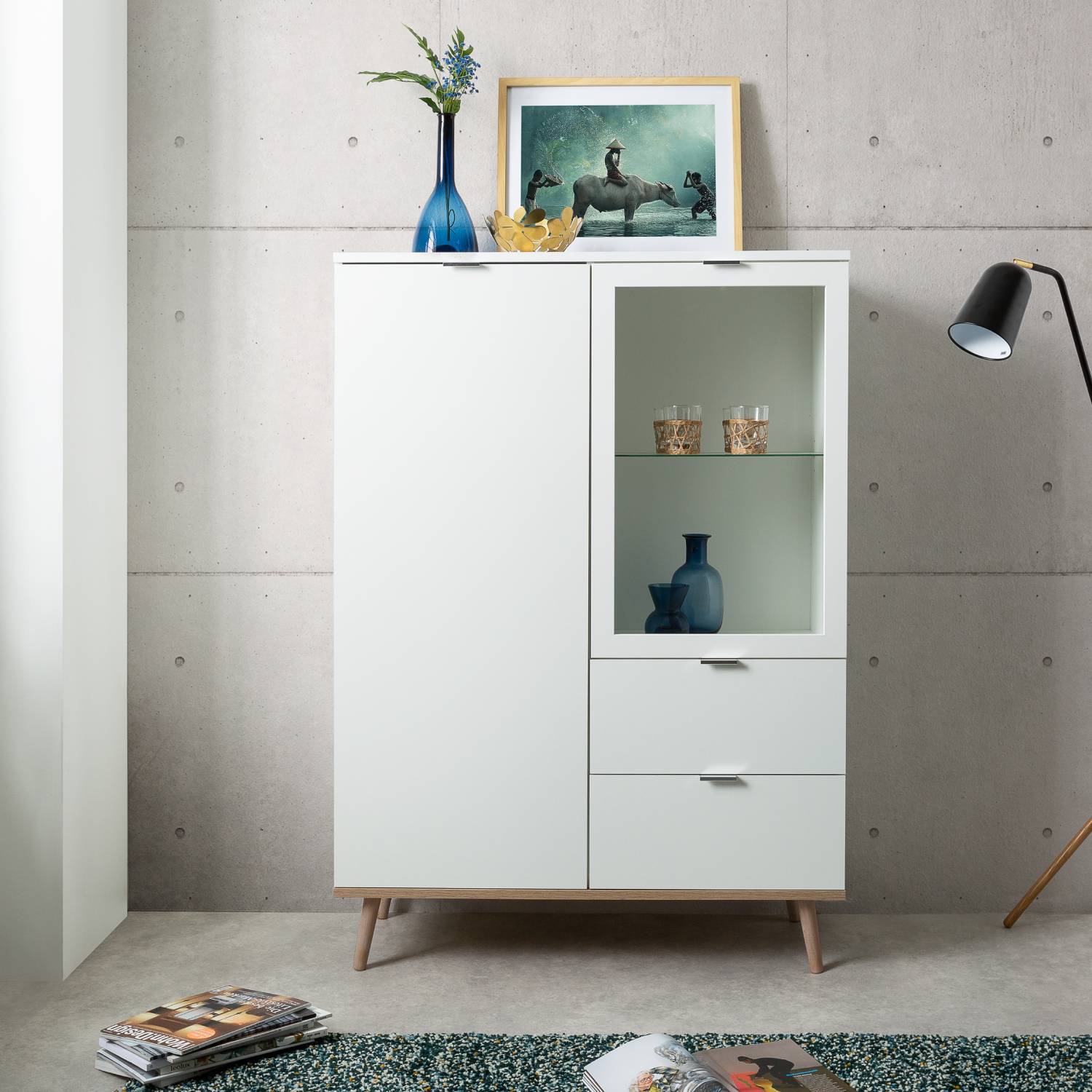 Highboard Kommode mit Schubladen Sideboard Weiß Holz Anrichte Wohnzimmerschrank